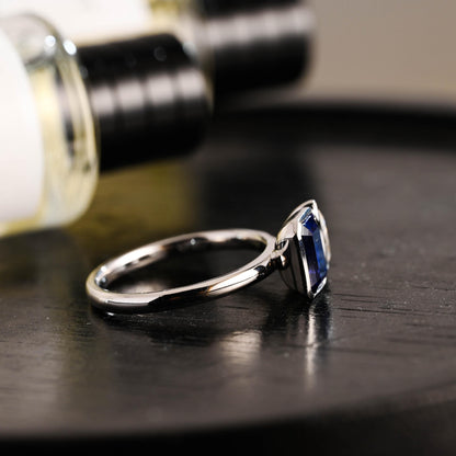 Bezel Solid Gold Emerald Cut Lab Grown Sapphire & Pear Cut Moissanite Toi et Moi Engagement Ring