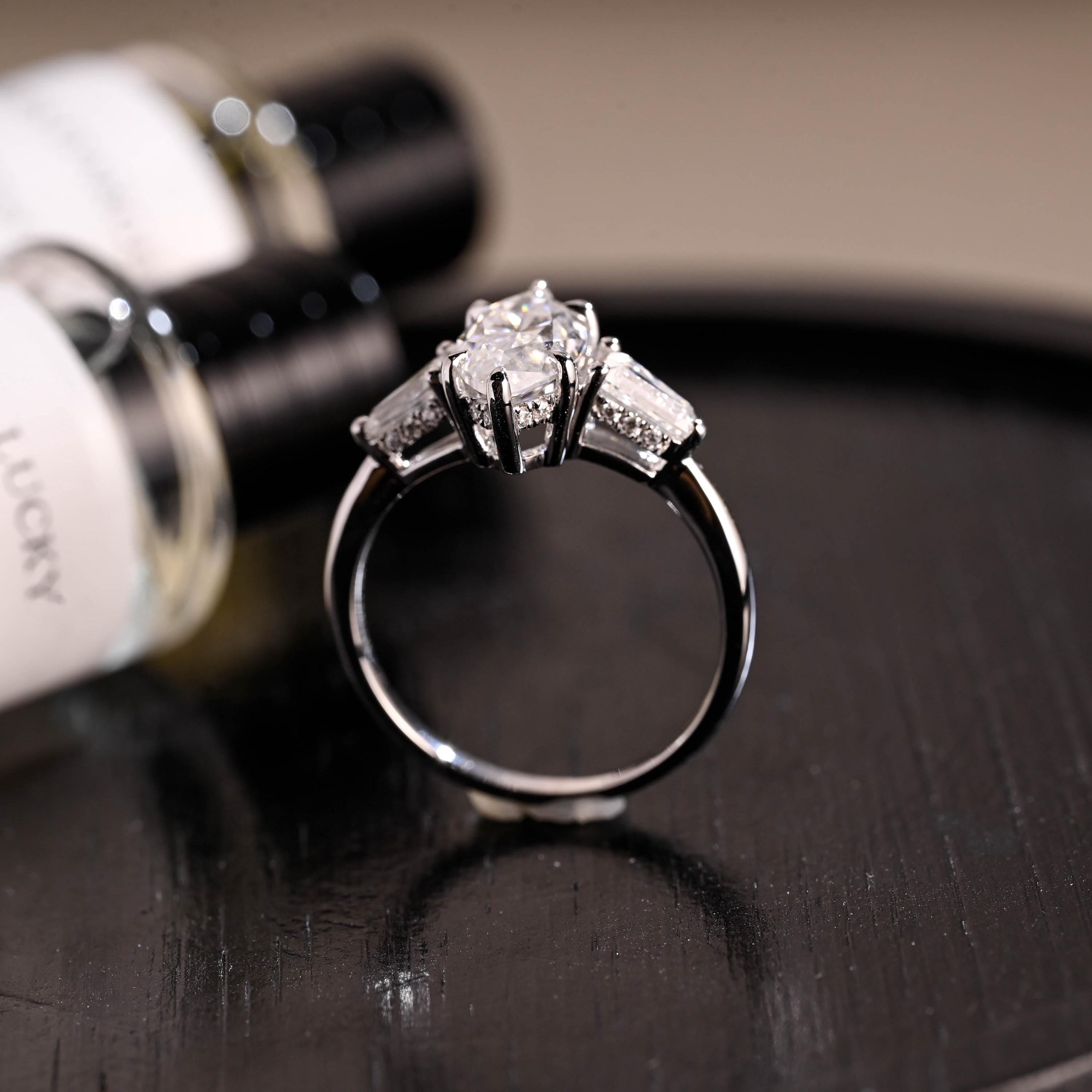Hidden Halo Marquise Moissanite Solid Gold Engagement Ring, Three Stone Statement Ring