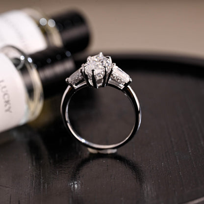 Hidden Halo Marquise Moissanite Solid Gold Engagement Ring, Three Stone Statement Ring