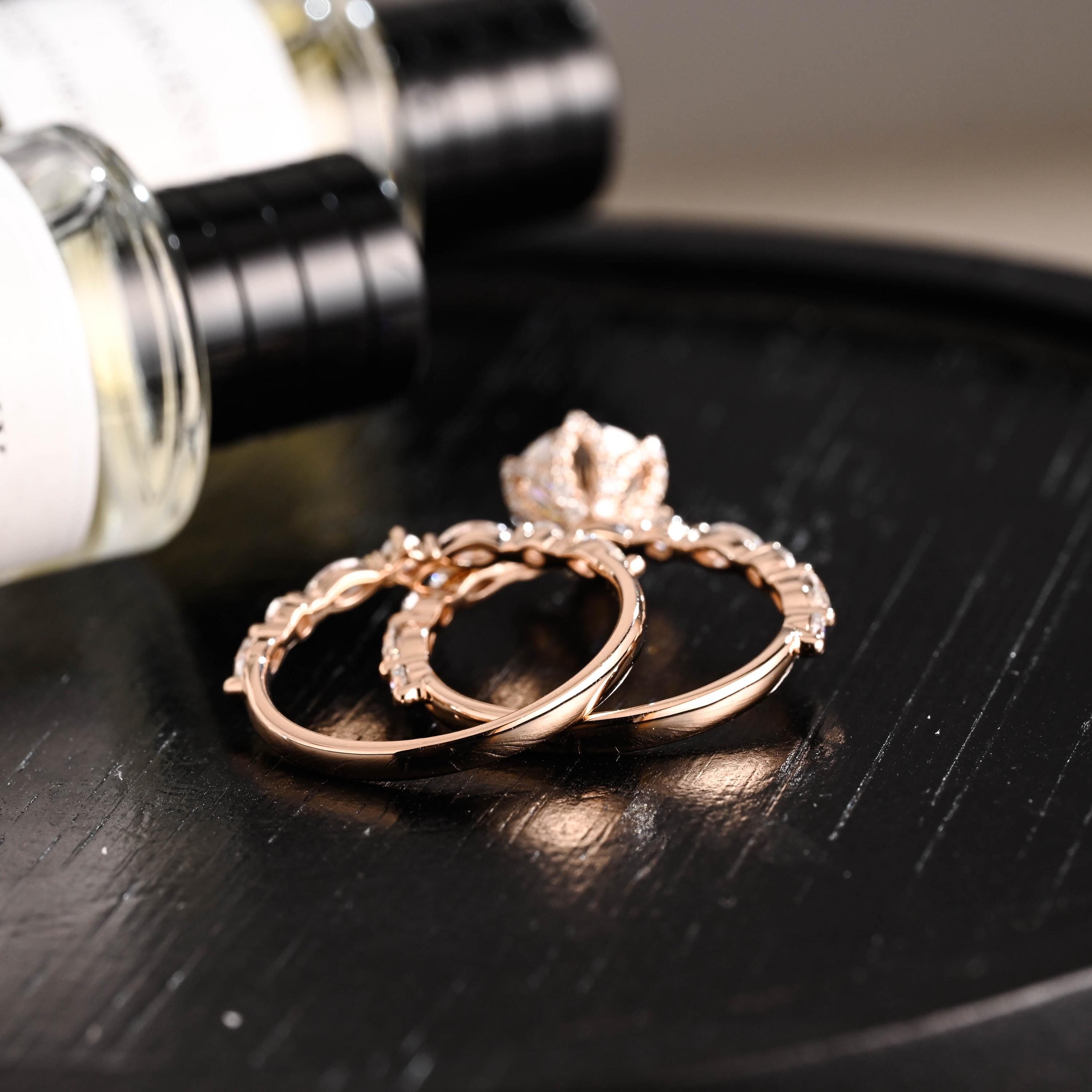 Solid Gold Round Cut Moissanite Engagement Ring Set, Marquise Bridal Round Wedding Ring Set