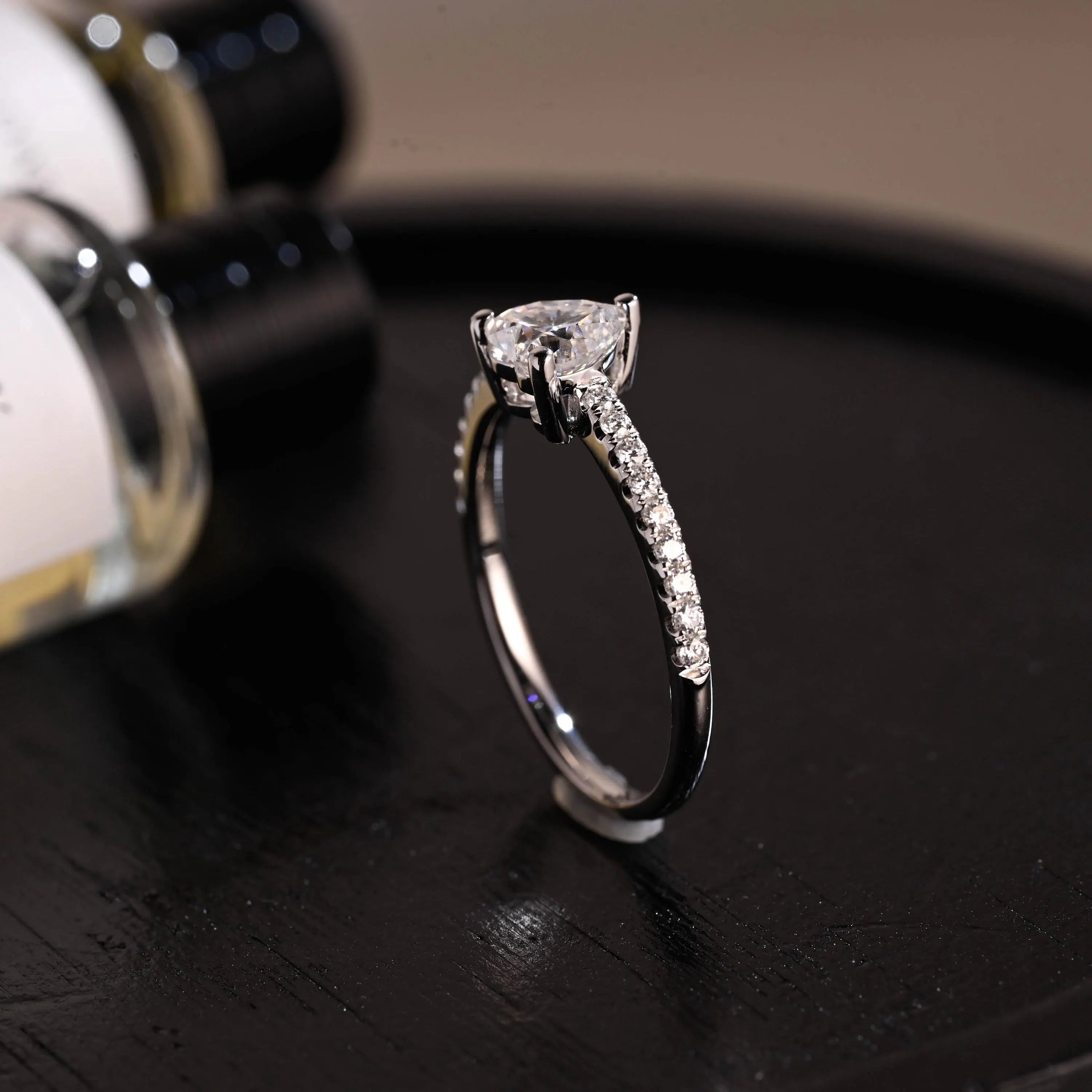 Solid Gold Heart Cut Pave Band Moissanite Engagement Ring, Proposal Ring, Promise Ring