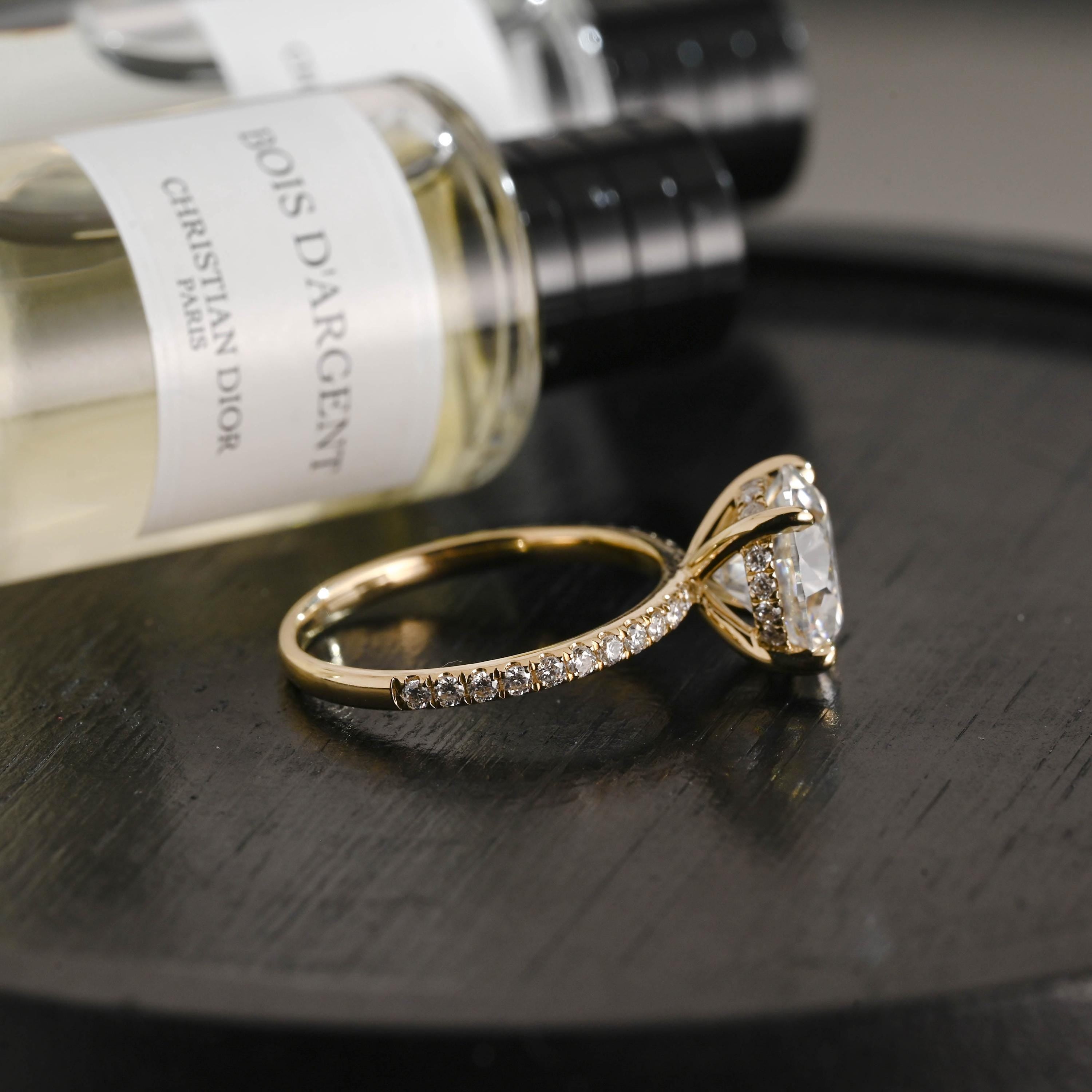 Hidden Halo Solid Gold Round Cut Moissanite Accent Stones Engagement Ring, Birthday Gift for Women Wife