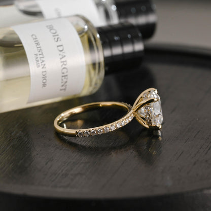 Hidden Halo Solid Gold Round Cut Moissanite Accent Stones Engagement Ring, Birthday Gift for Women Wife