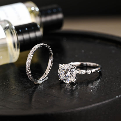 Solid Gold Round Moissanite Engagement Ring Set, Wedding Ring Set, Half Eternity Ring Bridal Set