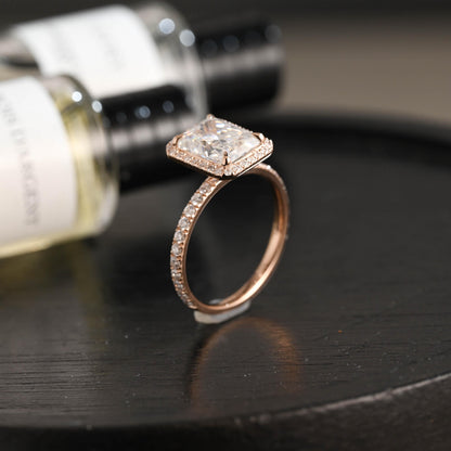 Solid Gold Radiant Cut Moissanite Engagement Ring, Halo Pave Vintage Style Wedding Ring