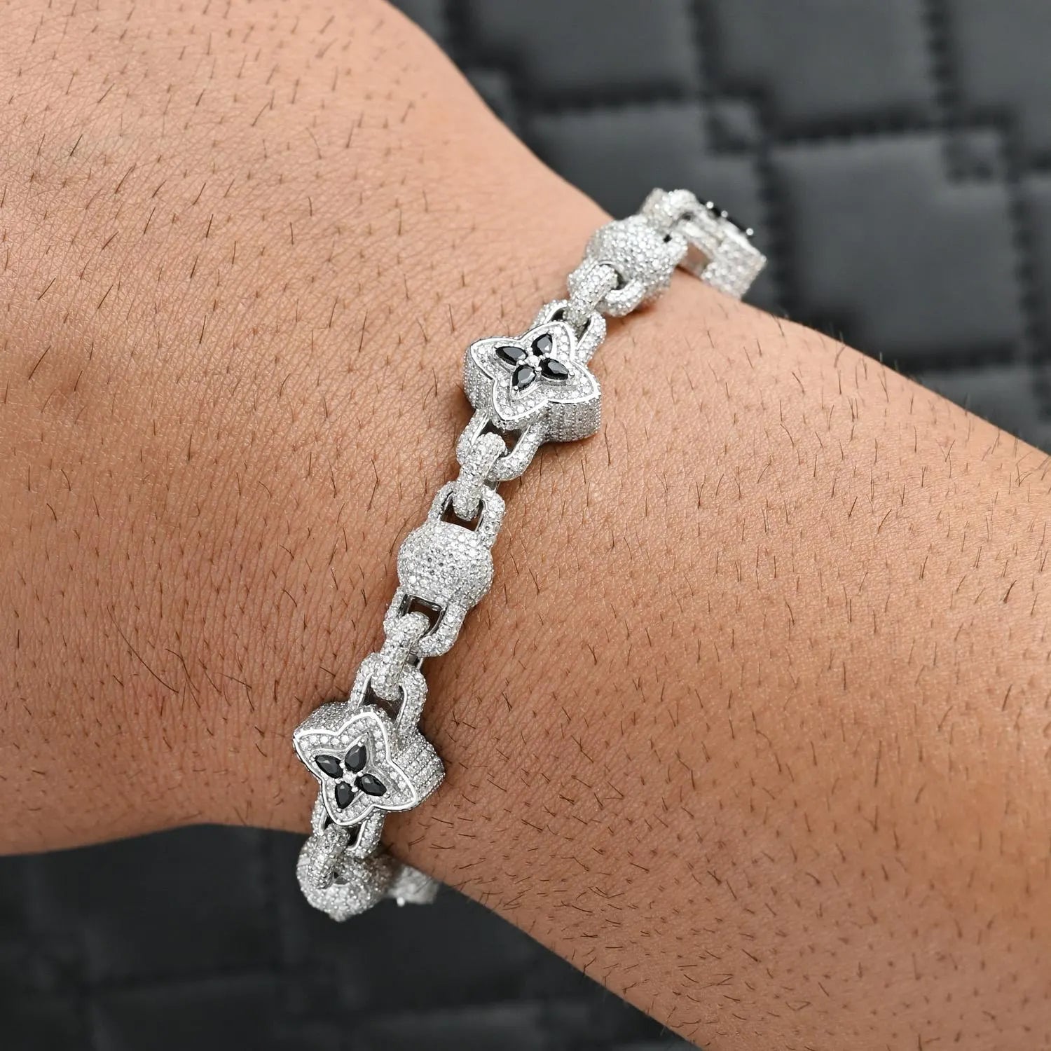 Moissanite Iced Out Bracelet – 13 CTW Round Moissanite | VVS D Color | Black Sapphire Accents | 8.5mm Iced Out Bracelet for Men & Women