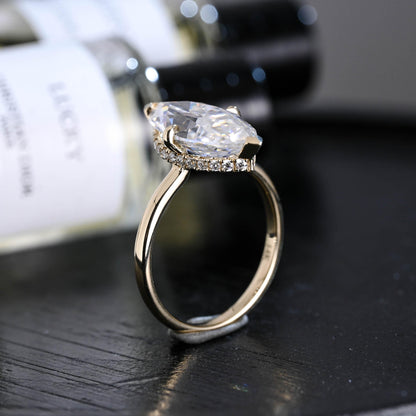 Solid Gold Marquise Cut Moissanite Engagement Ring, Hidden Halo Promise Ring