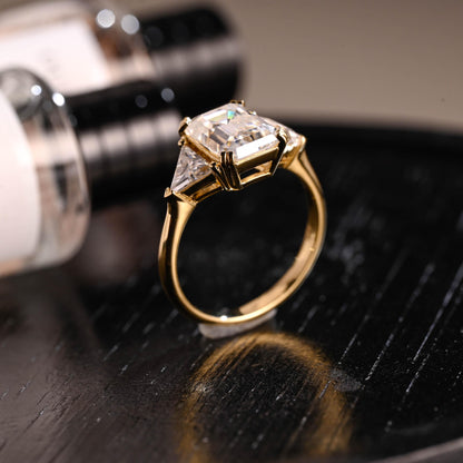 Three Stone Emerald Cut Moissanite Engagement Ring, Solid Gold Emerald Cut Moissanite Wedding Ring, Anniversary Ring, Double Claws Prong