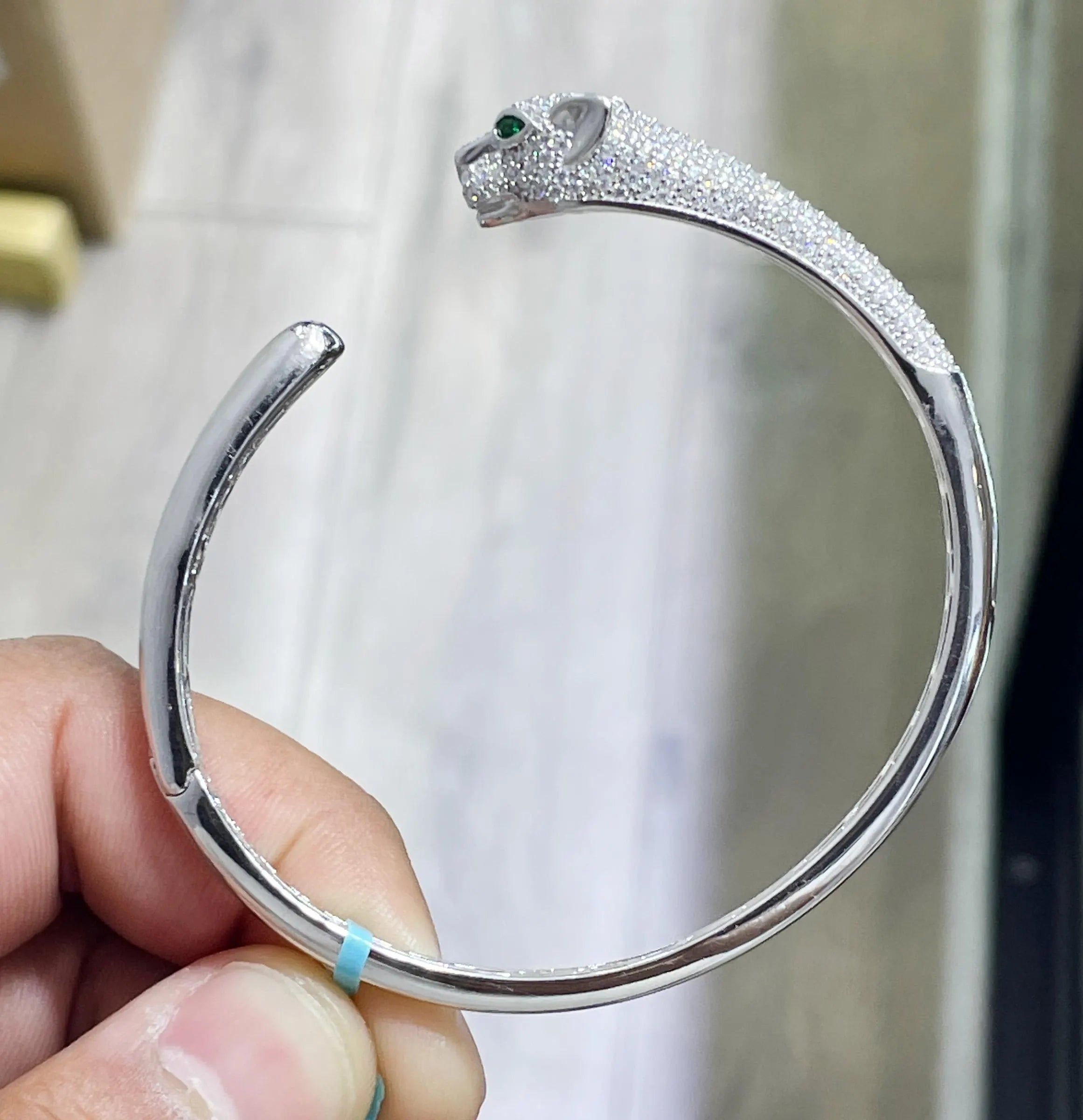 14K Gold Plated Panther Bangle: Sterling Silver Moissanite Bracelet