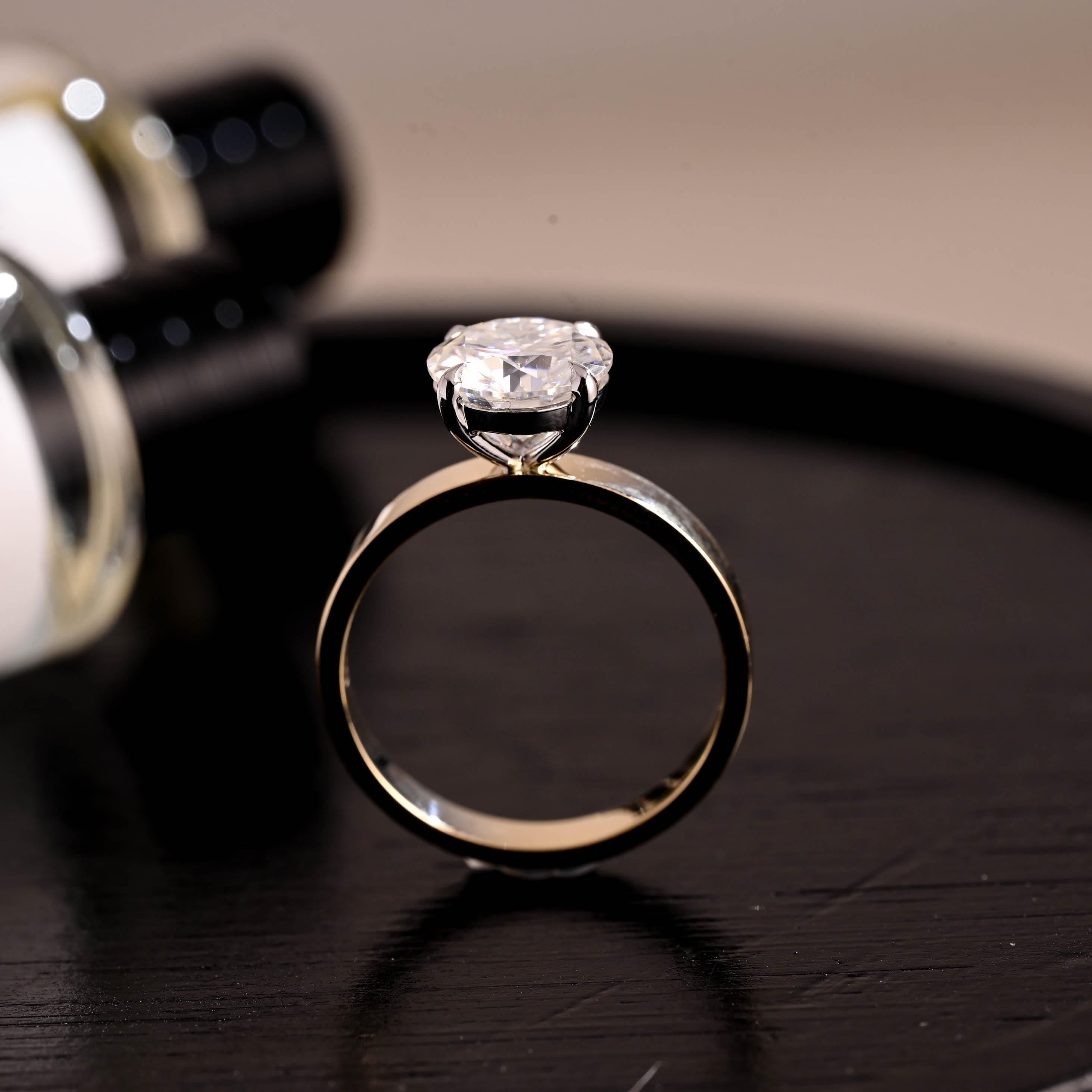 Solid Gold 3mm Width Solitaire Round Cut Moissanite Engagement Ring, Two Tone Ring