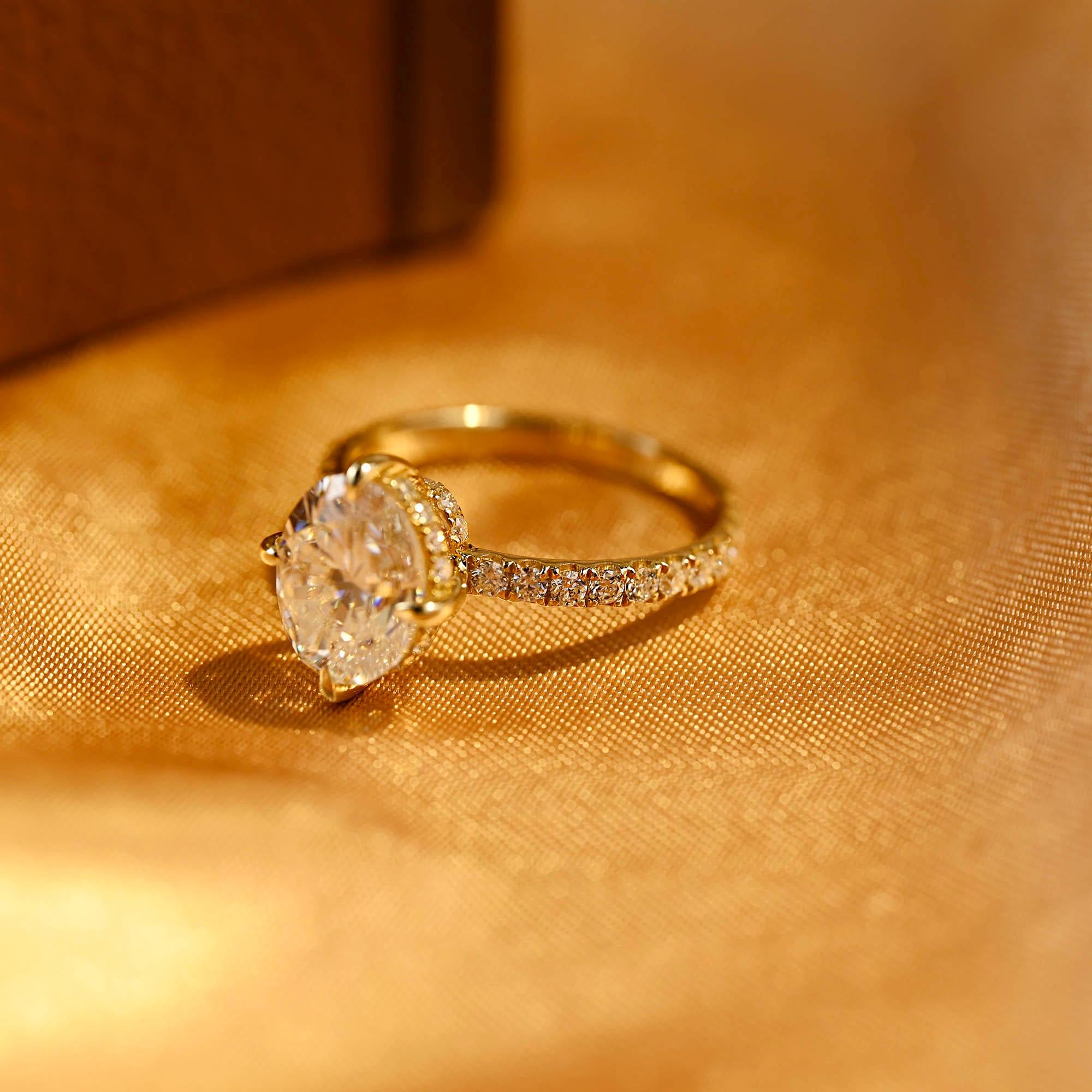 Solid Gold Double Hidden Halo Oval Cut Moissanite Engagement Ring