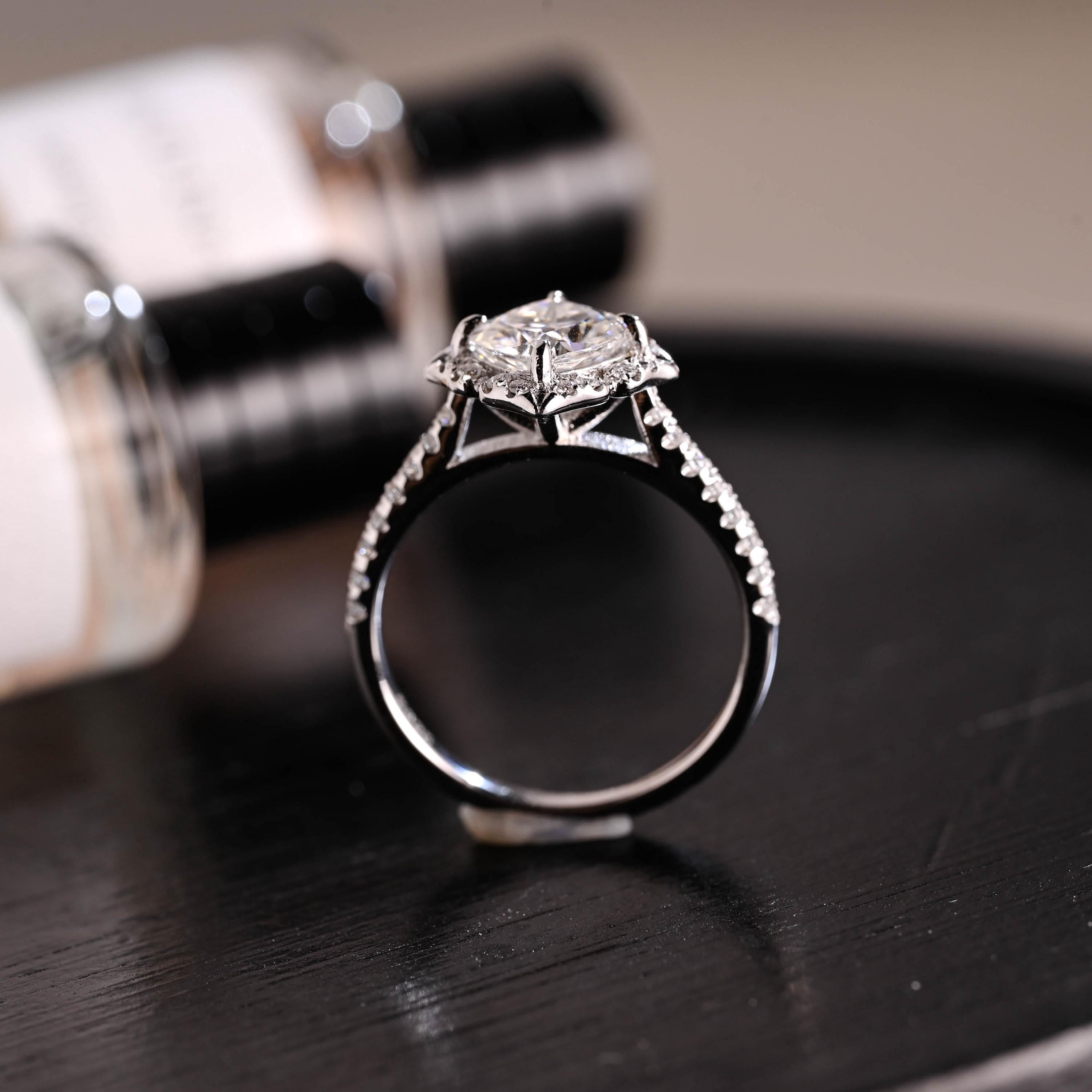 Solid Gold Cushion Cut Moissanite Engagement Ring, Halo Proposal Ring, Half Eternity Promise Ring, Wedding Ring, Anniversary Gift for Women
