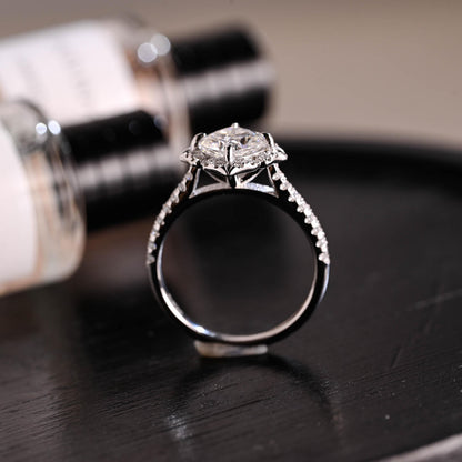 Solid Gold Cushion Cut Moissanite Engagement Ring, Halo Proposal Ring, Half Eternity Promise Ring, Wedding Ring, Anniversary Gift for Women