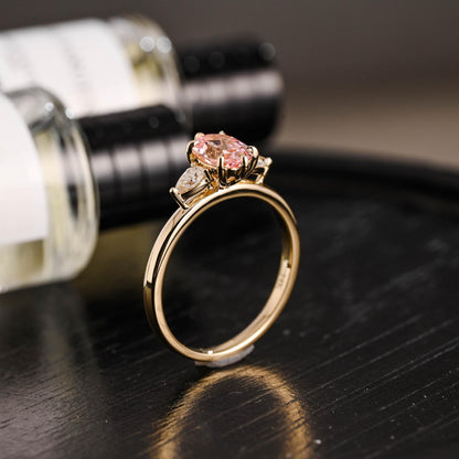 Solid Gold Oval Lab Grown Pink Sapphire Engagement Ring, Three Stone Proposal Ring