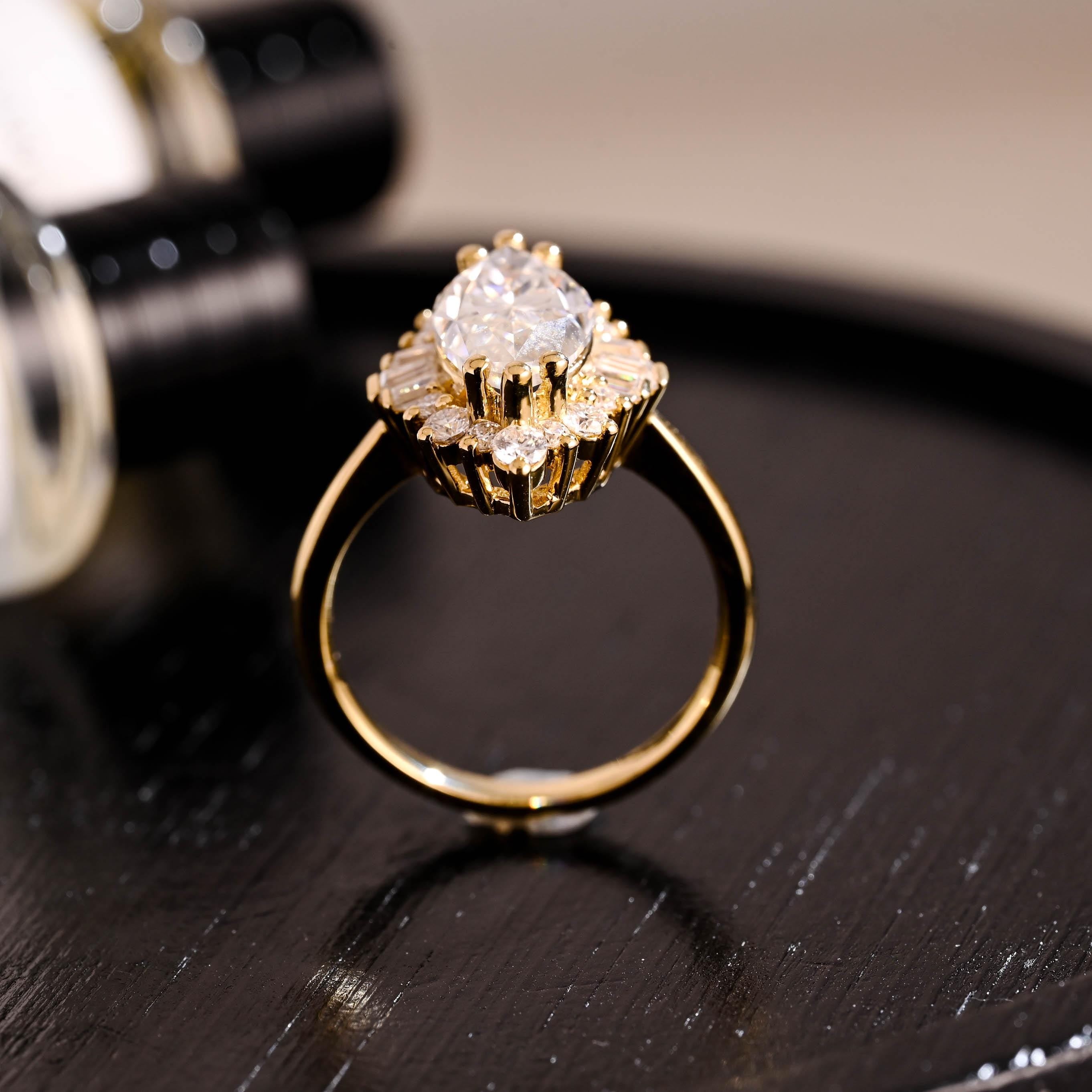 Starburst Marquise Moissanite Engagement Ring, Solid Gold Promise Ring