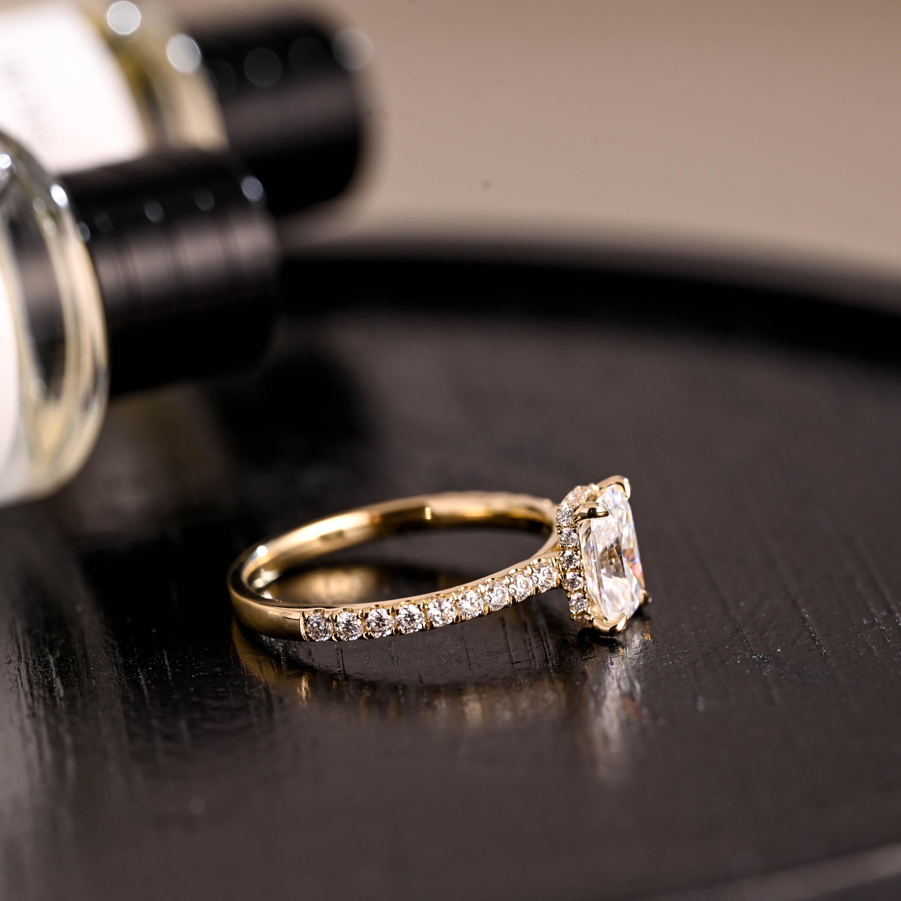 Solid Gold Cathedral Setting Radiant Cut Moissanite Engagement Ring, Hidden Halo Pave Wedding Ring