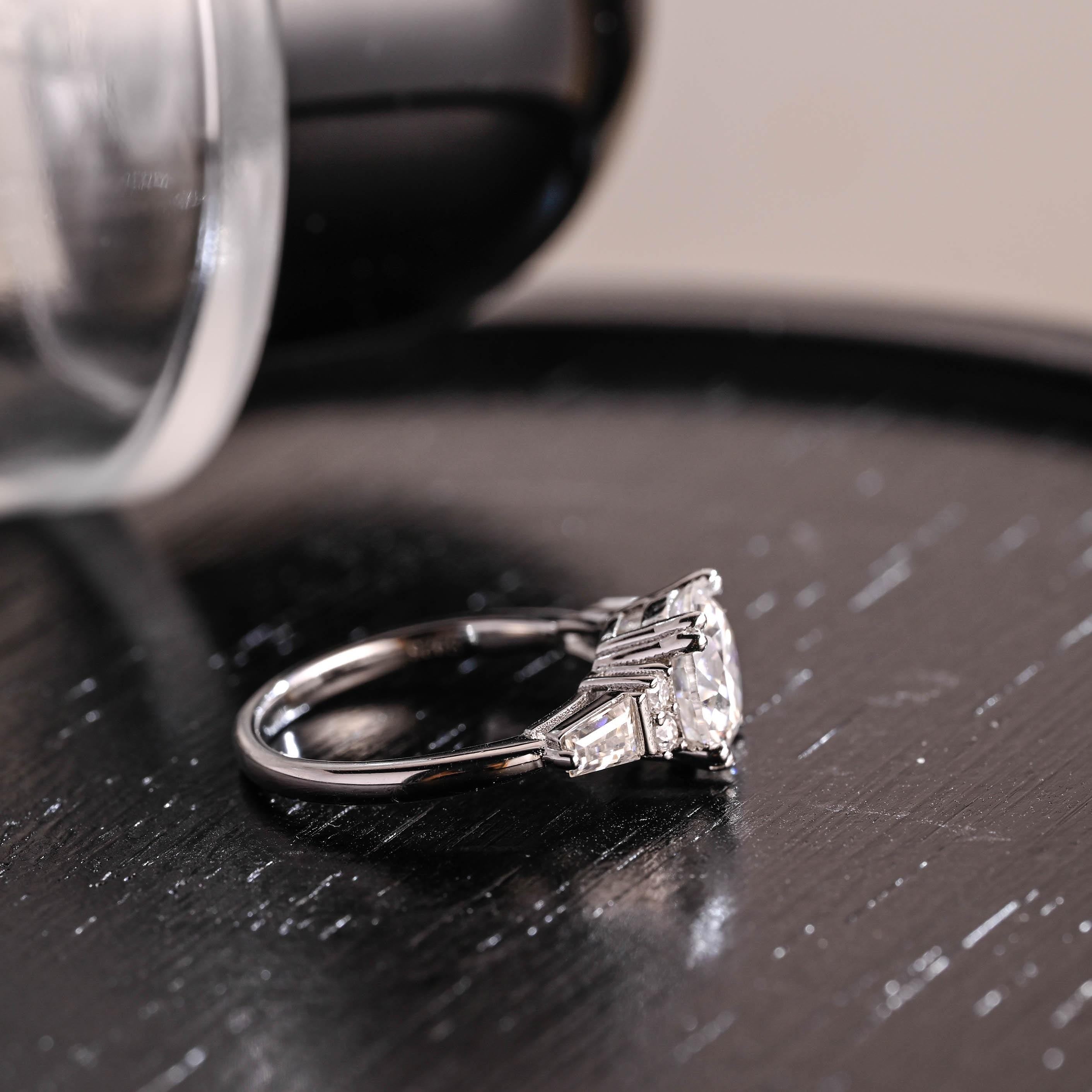 Three Stone Round Cut Moissanite Engagement Ring, Trapezoid Accents Round Cut Double Prongs Wedding Ring