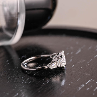 Three Stone Round Cut Moissanite Engagement Ring, Trapezoid Accents Round Cut Double Prongs Wedding Ring