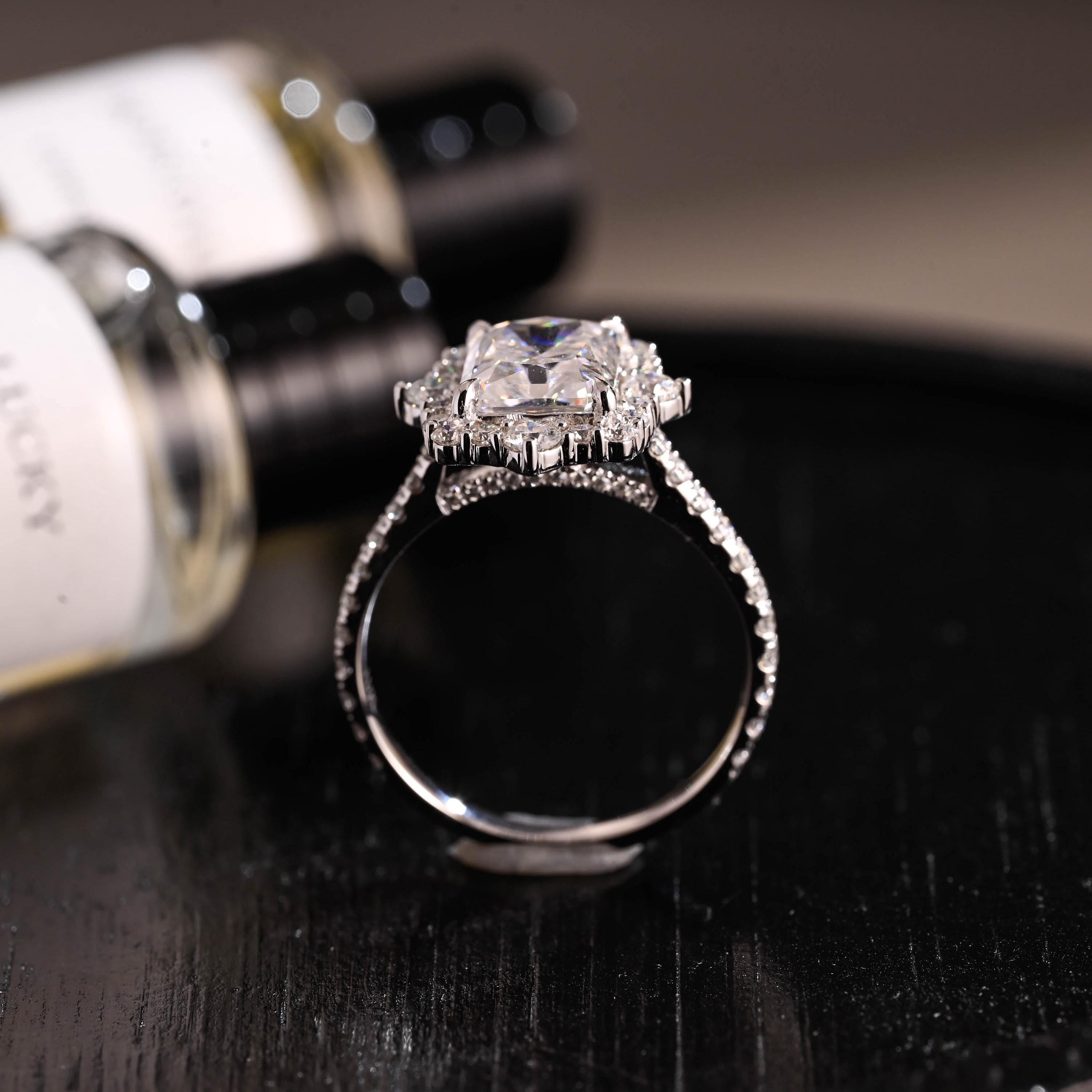 Solid Gold Radiant Cut Moissanite Engagement Ring, Halo Pave Cathedral Setting Vintage Style Ring