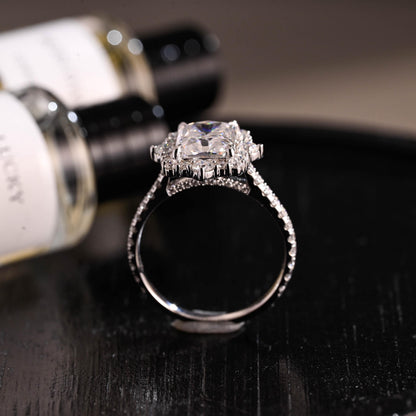 Solid Gold Radiant Cut Moissanite Engagement Ring, Halo Pave Cathedral Setting Vintage Style Ring