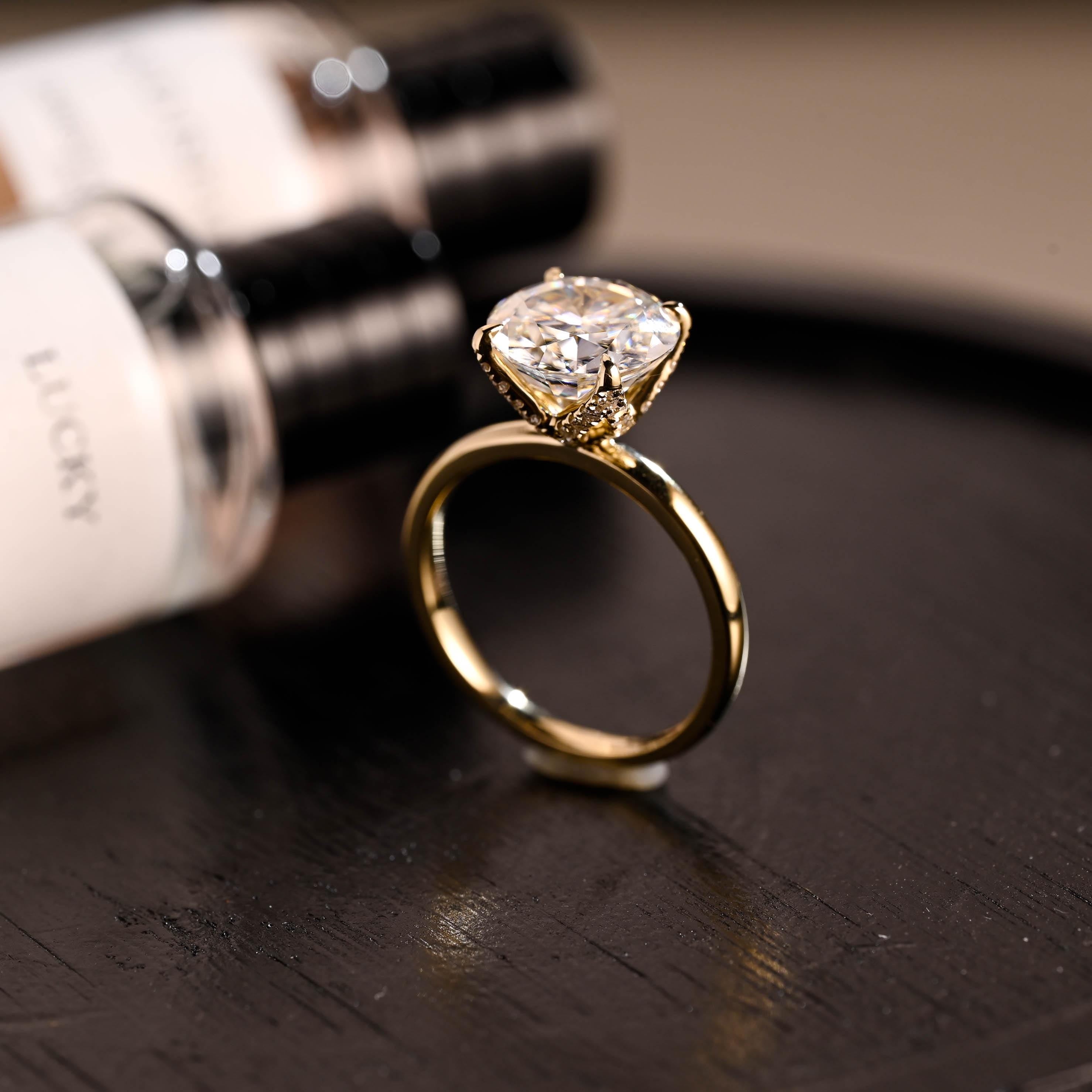 Crushed Ice Moissanite Engagement Ring, Tulip Setting, Solid Gold Hidden Halo