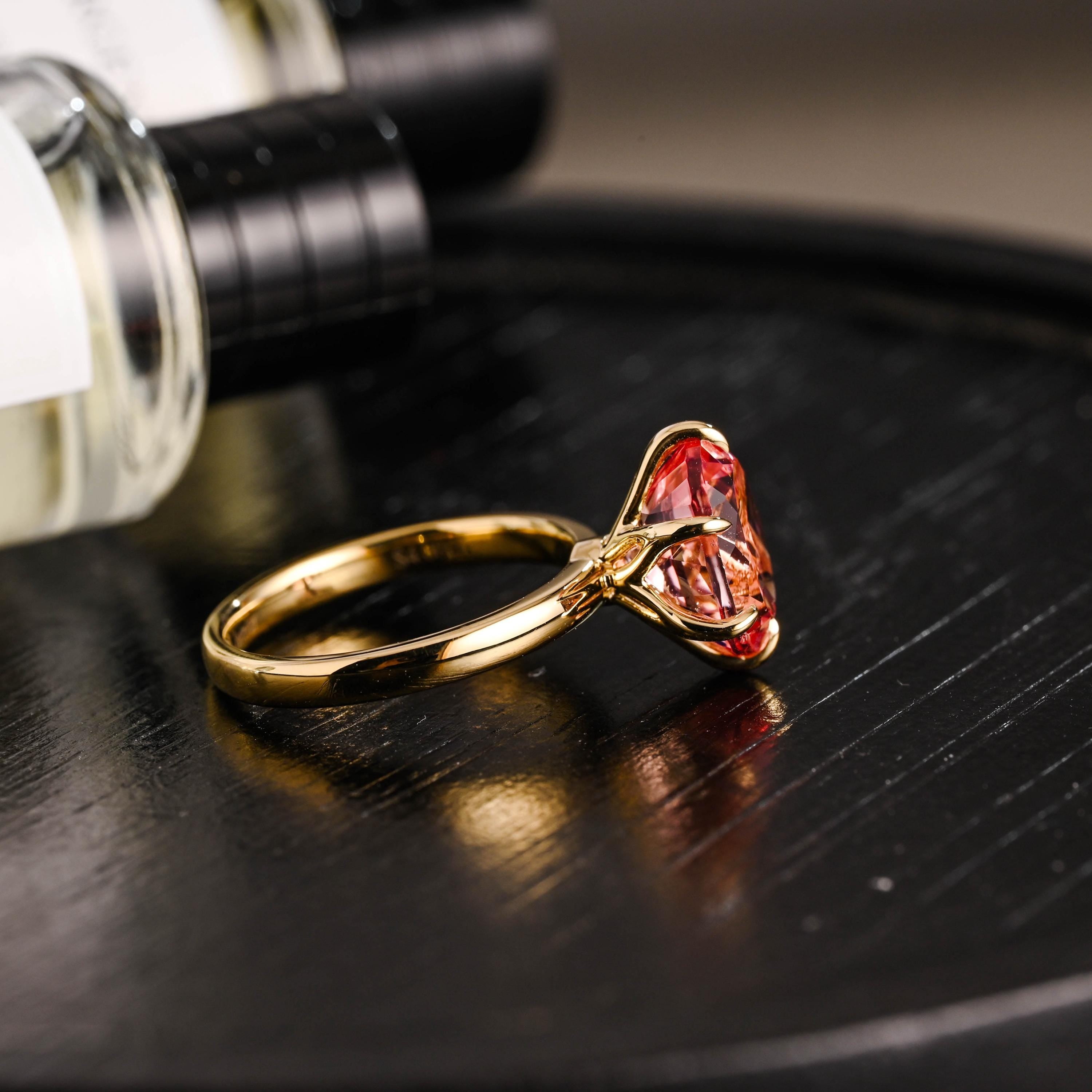 Solid Gold Oval Cut Lab Grown Pink Sapphire Engagement Ring, Nature Inspired Ring
