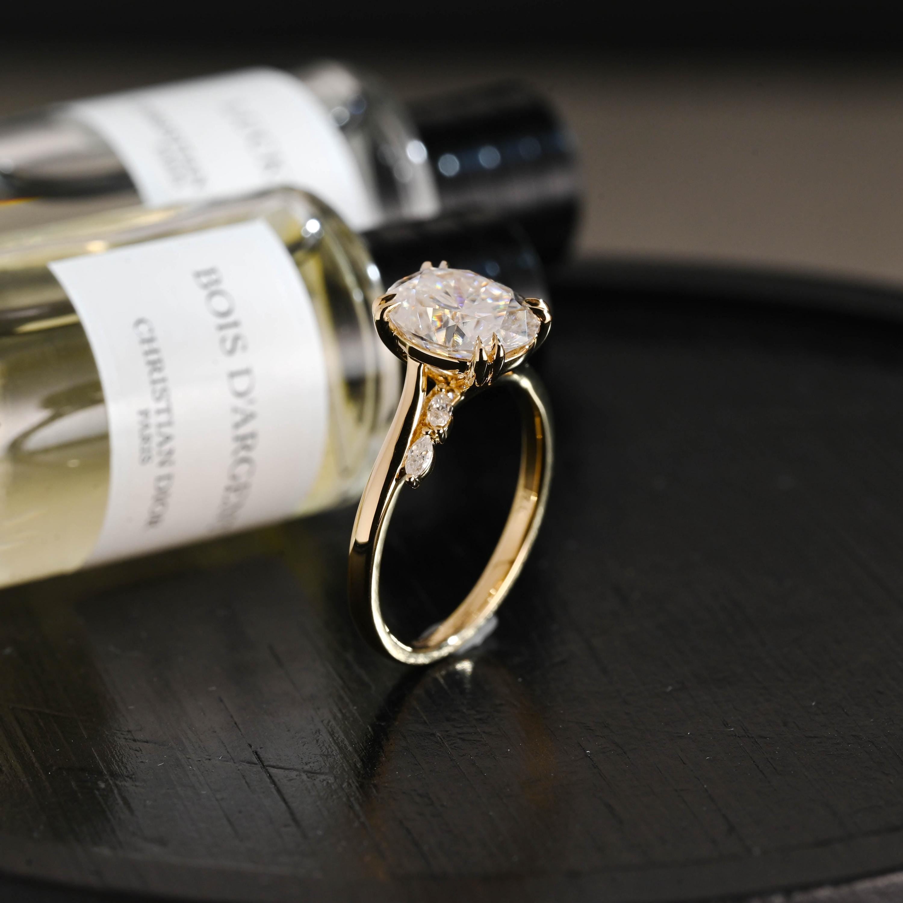 Solid Gold Oval Cut Moissanite Engagement Ring, ByPass Proposal Ring