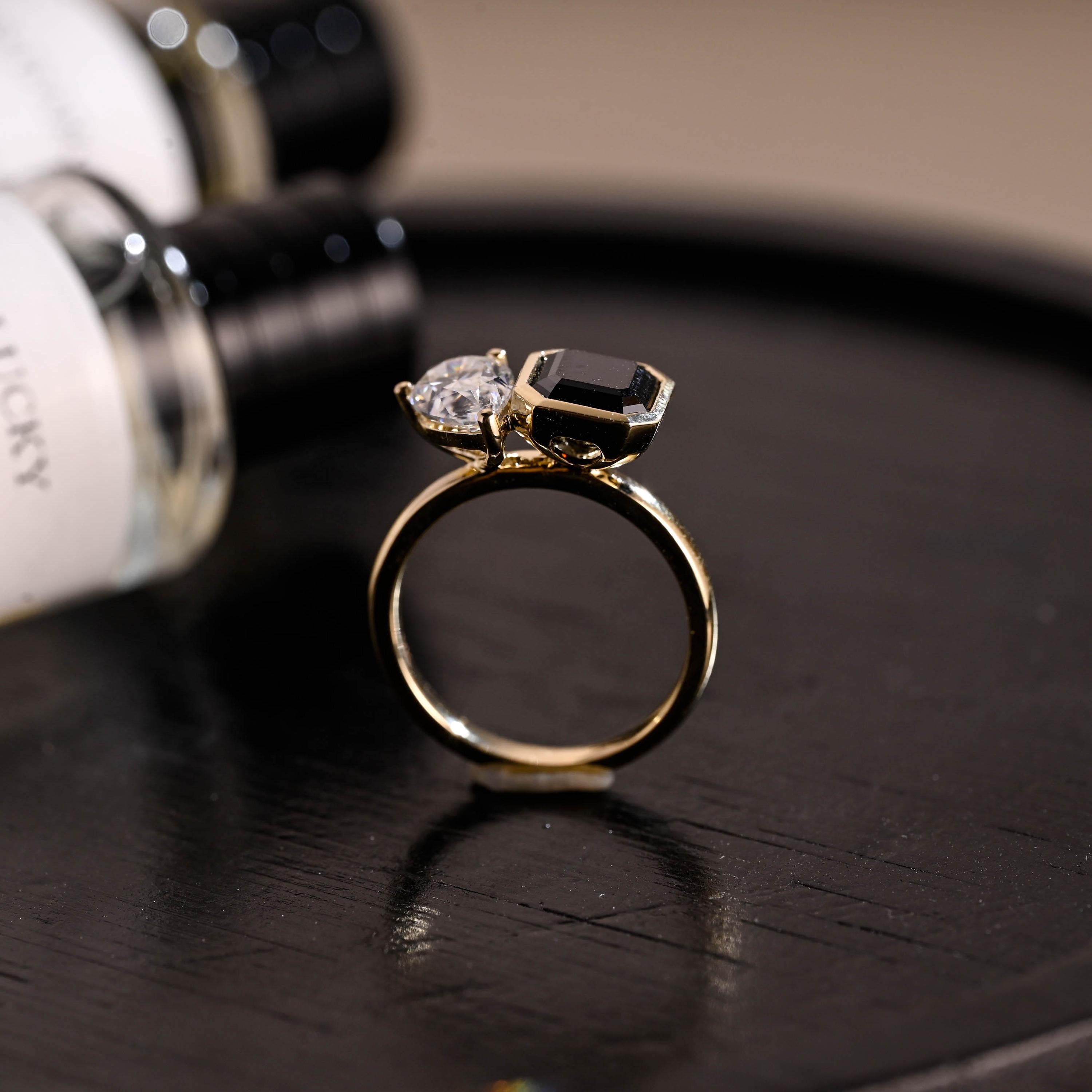 Asscher Cut Black Moissanite Gothic Style Toi et Moi Engagement Ring, Solid Gold Bezel Alternative Ring Gifts