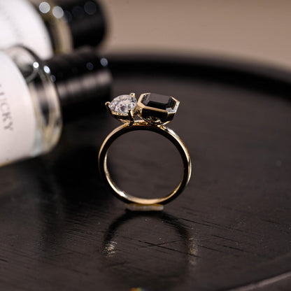 Asscher Cut Black Moissanite Gothic Style Toi et Moi Engagement Ring, Solid Gold Bezel Alternative Ring Gifts