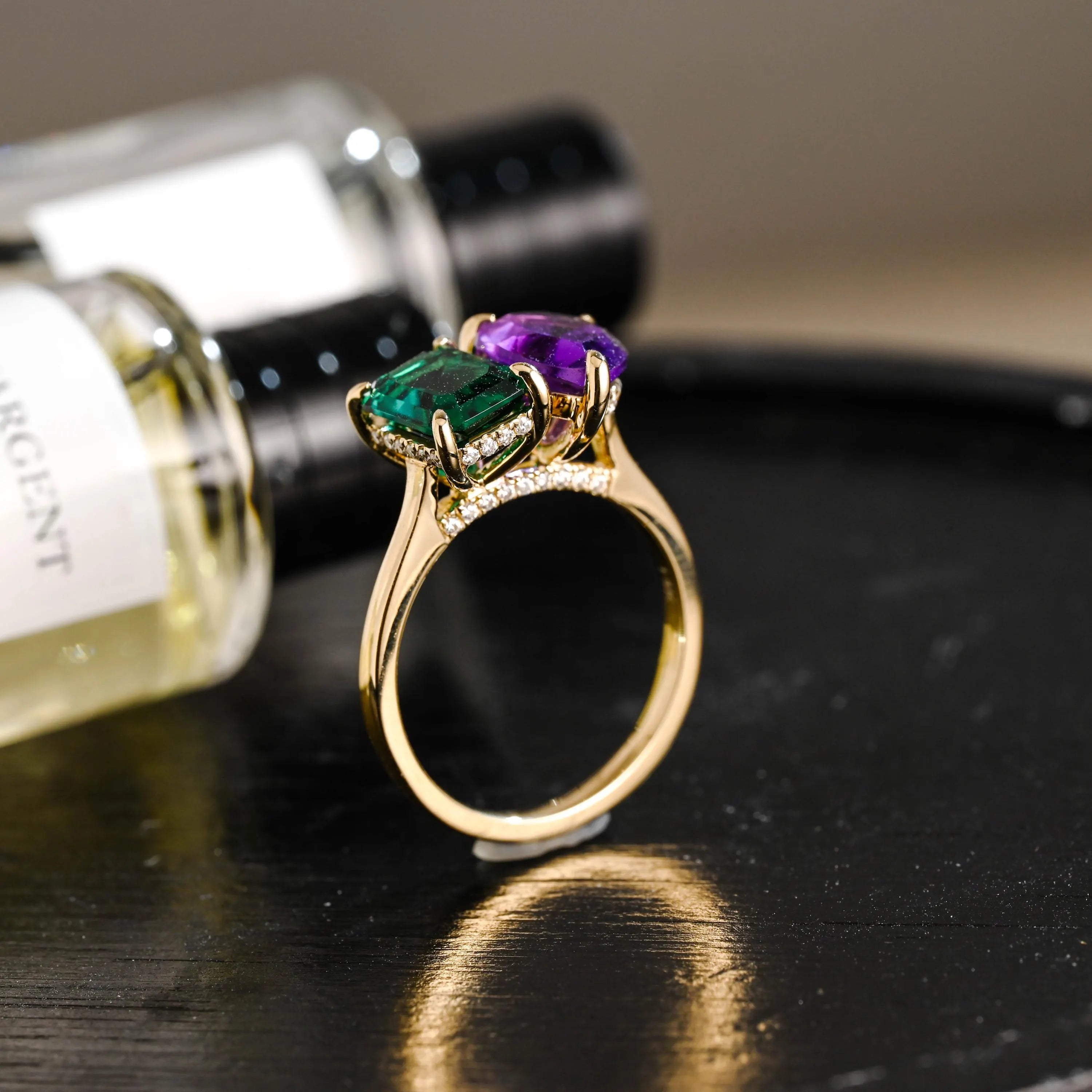 Solid Gold Toi et Moi Pear Amethyst & Lab Grown Emerald Engagement Ring