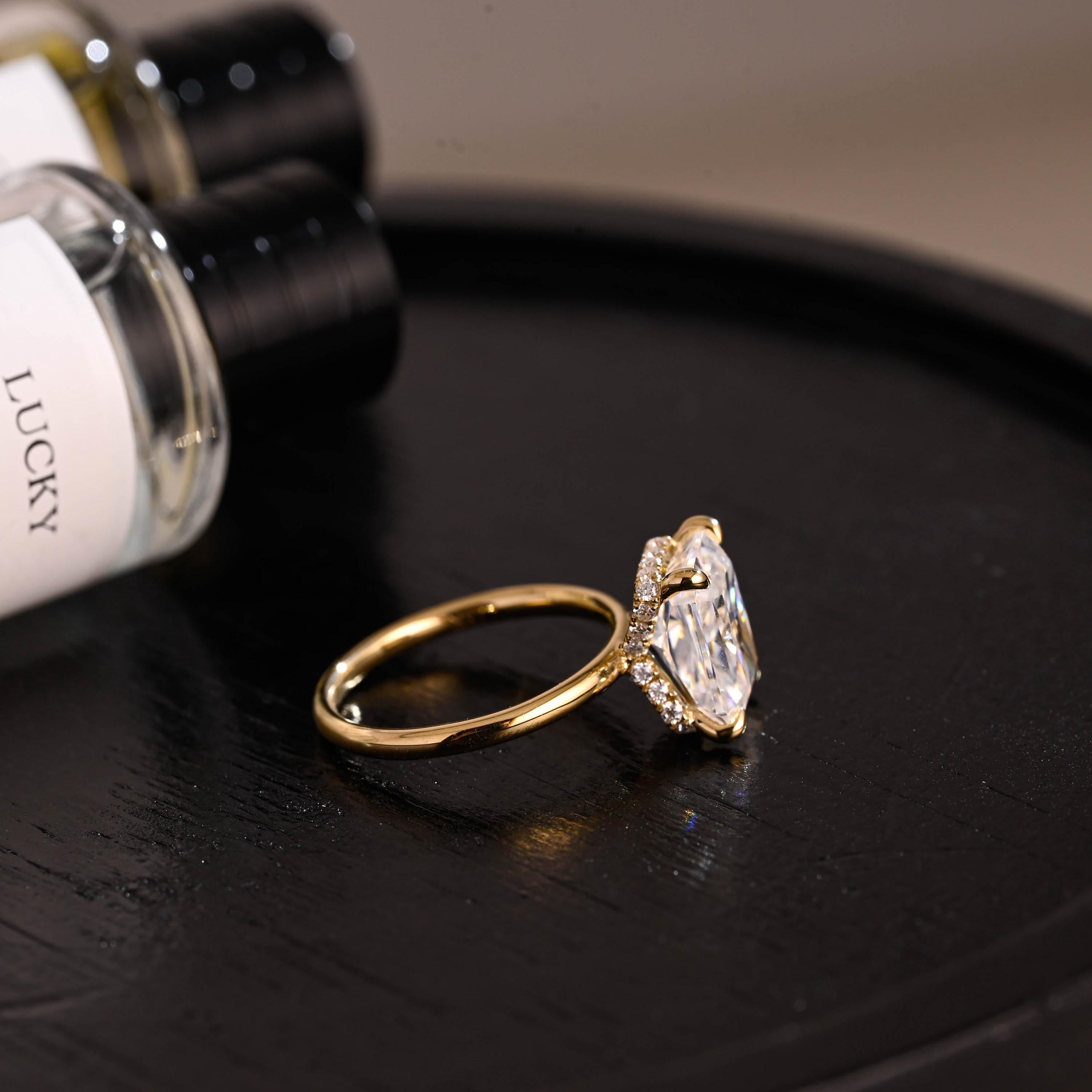 Solid Gold Crushed Ice Cut Ascot Hidden Halo Radiant Cut Moissanite Engagement Ring