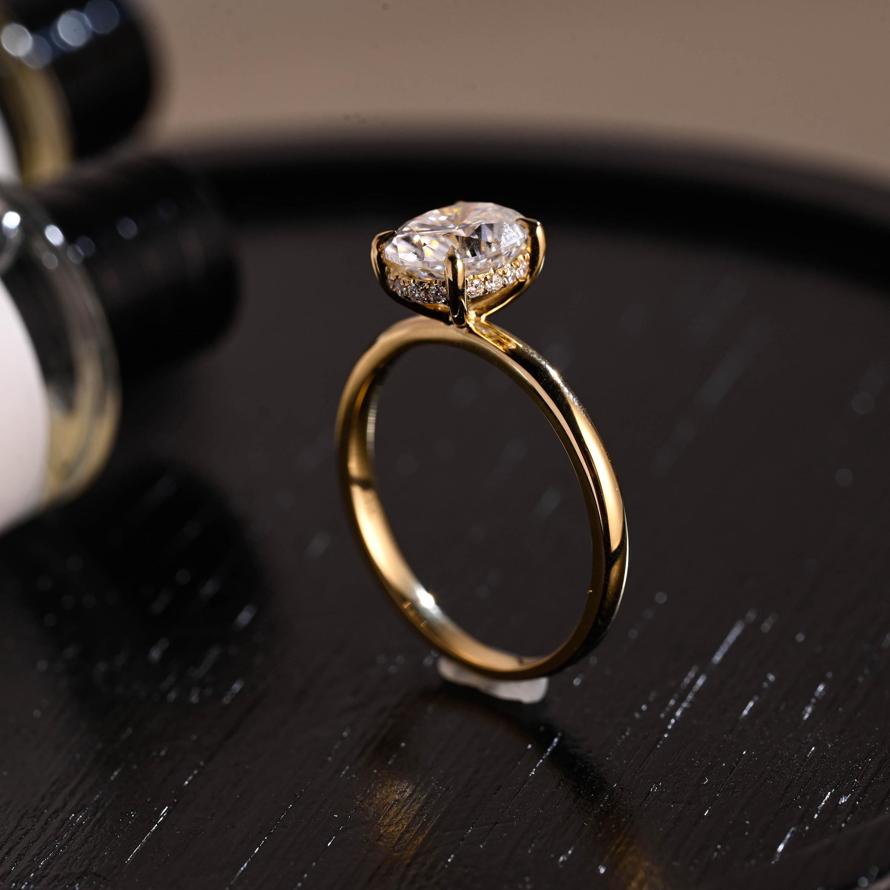 Solid Gold Oval Cut Moissanite Engagement Ring, Hidden Halo Wedding Ring