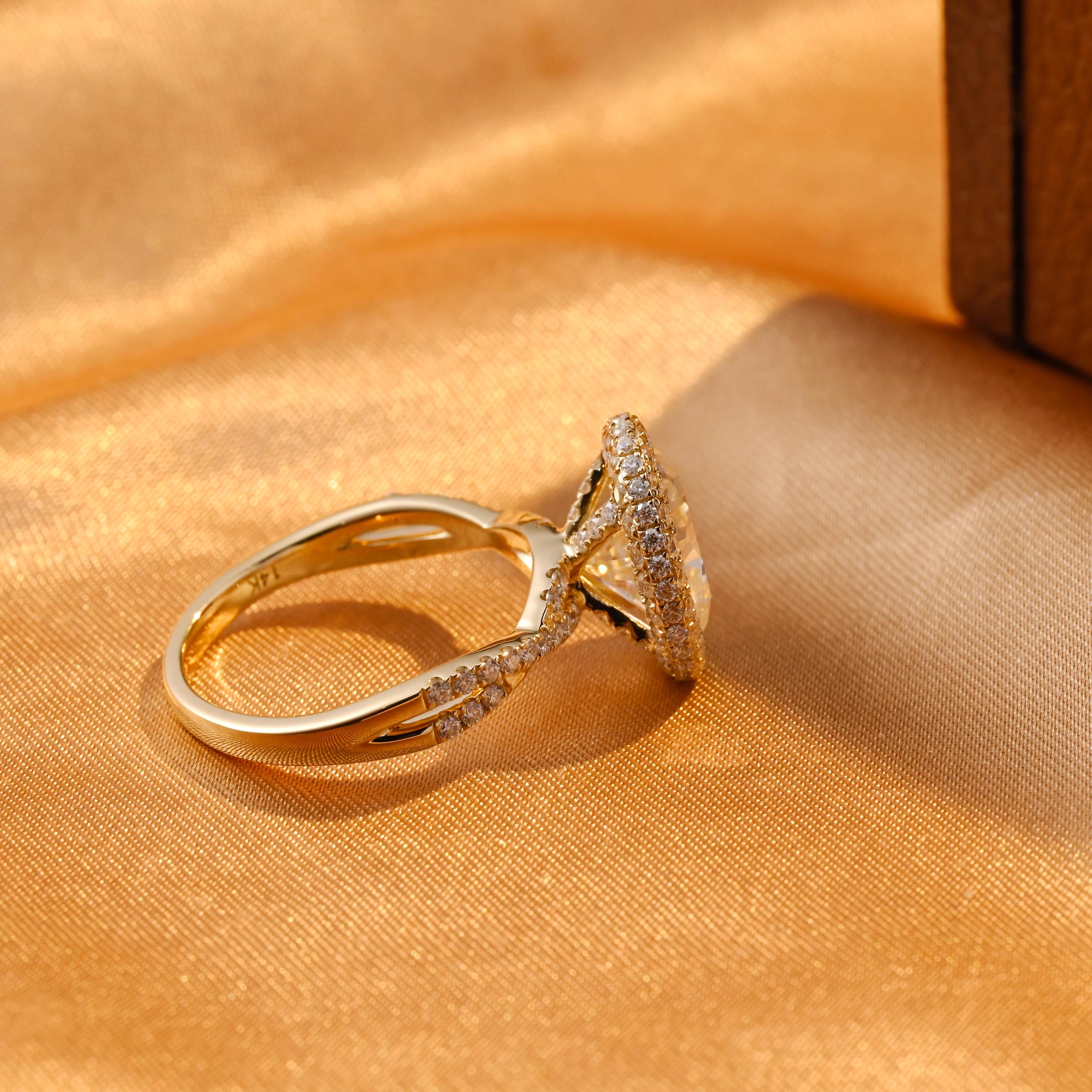 Solid Gold Twisted Band Oval Cut Moissanite Engagement Ring, Halo Wedding Ring