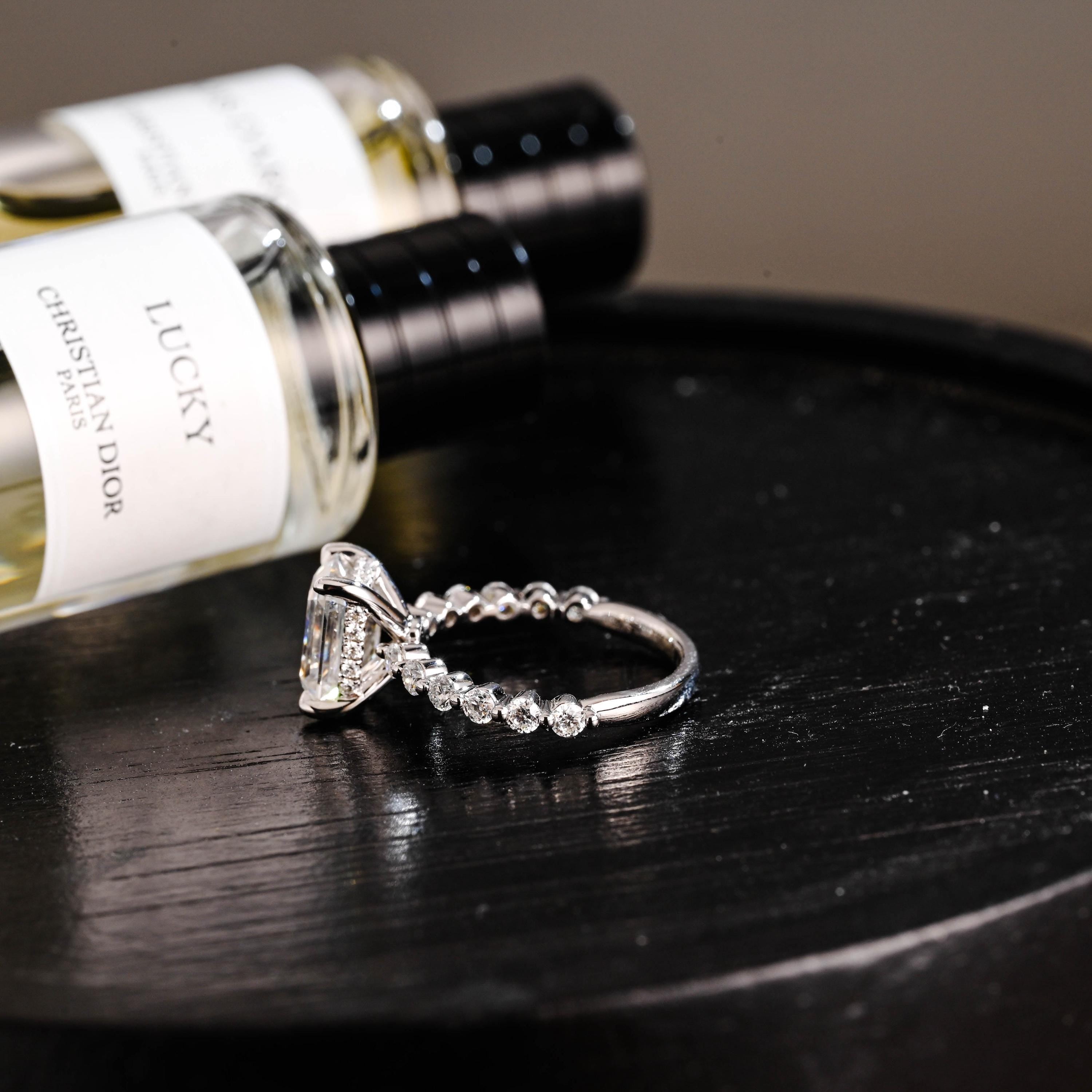 Solid Gold Half Eternity Emerald Cut Moissanite Engagement Ring, Proposal Ring, Round Promise Ring, Wedding Ring, Anniversary Gift for Women