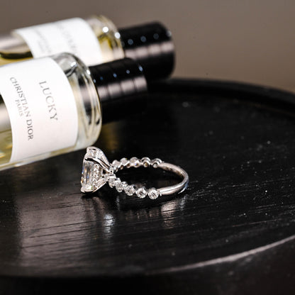 Solid Gold Half Eternity Emerald Cut Moissanite Engagement Ring, Proposal Ring, Round Promise Ring, Wedding Ring, Anniversary Gift for Women