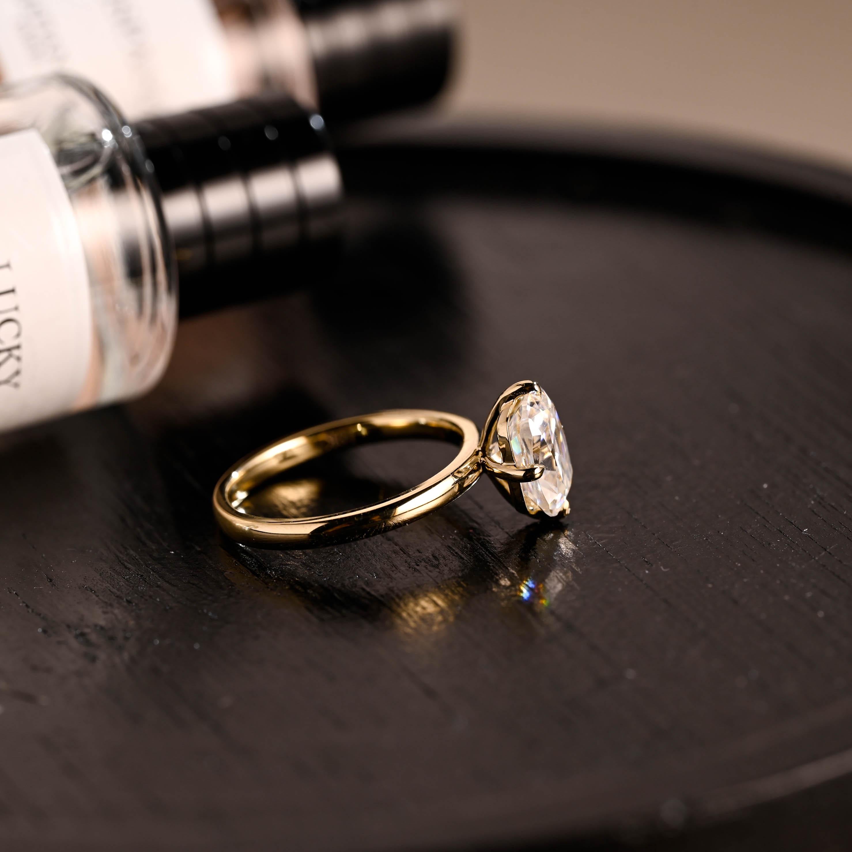 Solid Gold Elongated Cushion Moissanite Engagement Ring, Solitaire Compass Setting Moissanite Wedding Ring