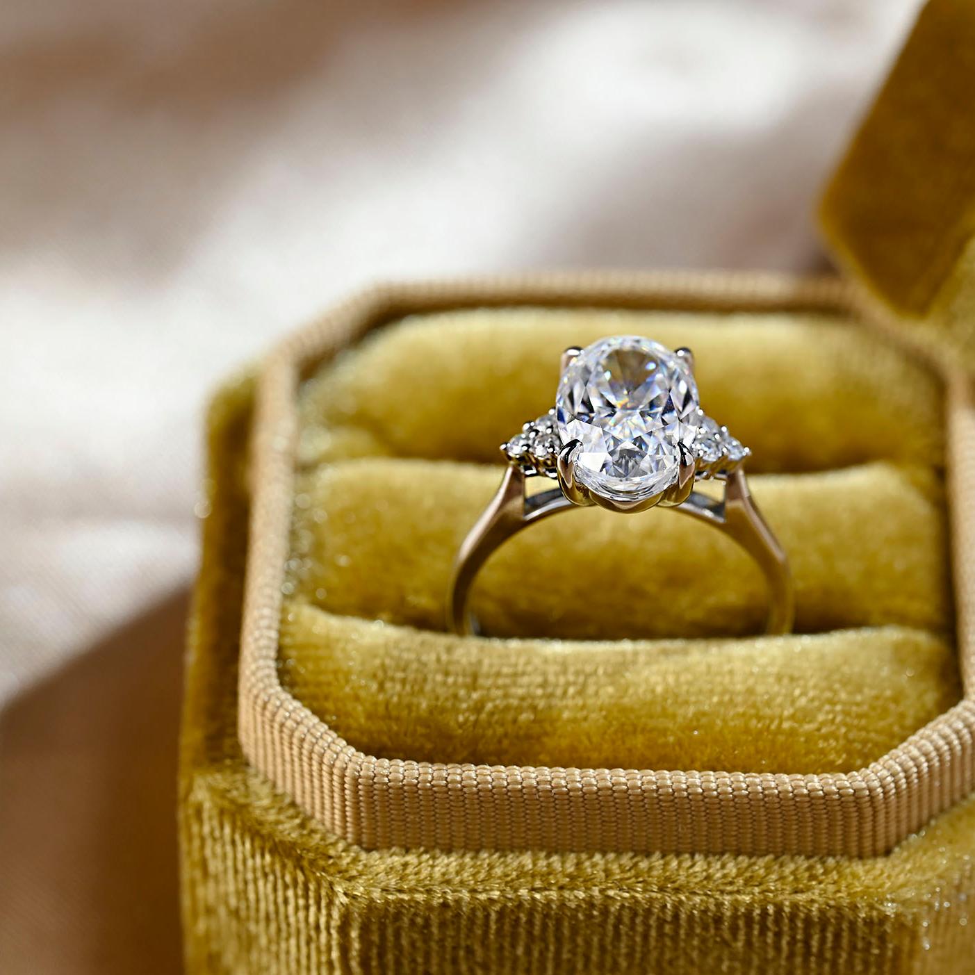 Solid Gold Cathedral Setting Oval Cut Moissanite Engagement Ring, Side Cluster Wedding Ring