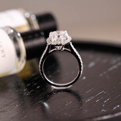 Solid Gold Halo Oval Cut Moissanite Engagement Ring, Half Pave Wedding Ring