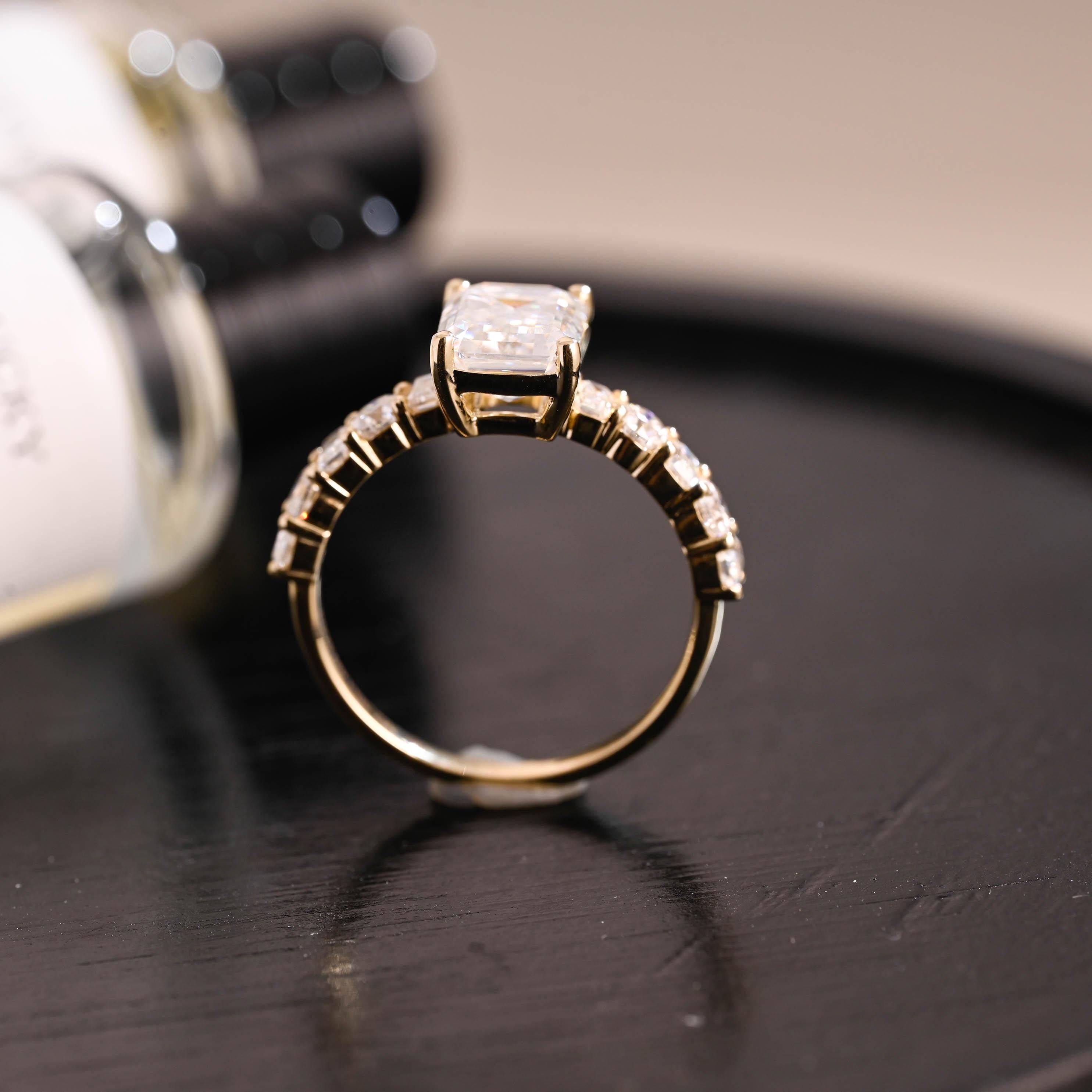 Solid Gold Emerald Cut Moissanite Engagement Ring, Low Setting Emerald Cut Wedding Ring, Side Pave Anniversary Ring, Moissanite Promise Ring
