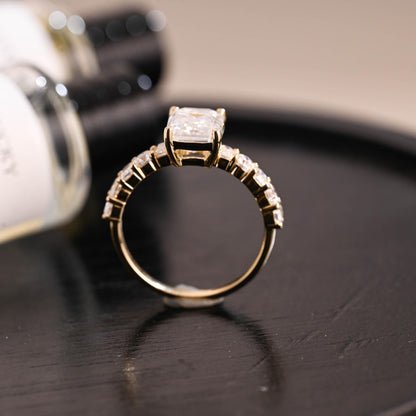 Solid Gold Emerald Cut Moissanite Engagement Ring, Low Setting Emerald Cut Wedding Ring, Side Pave Anniversary Ring, Moissanite Promise Ring