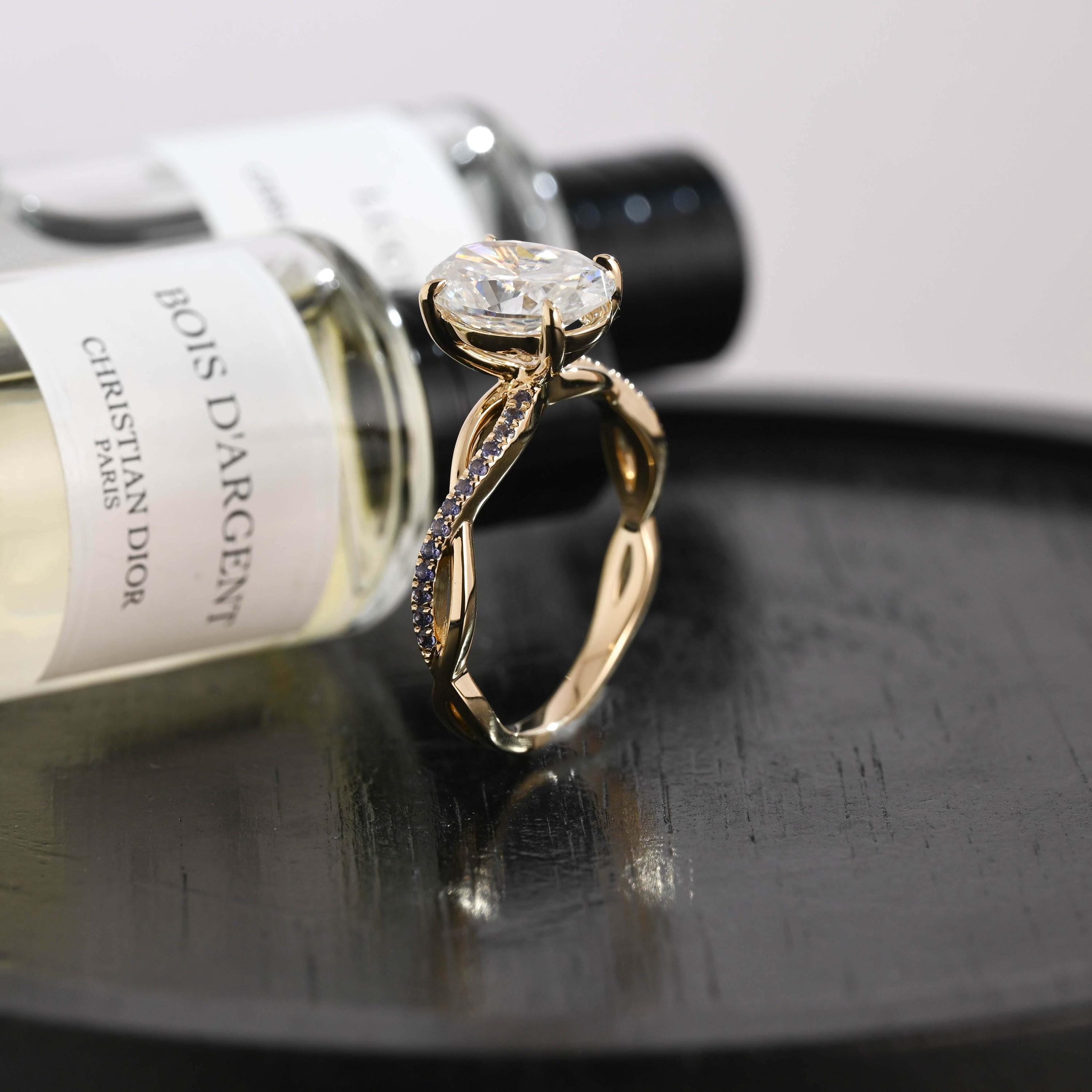 Solid Gold Oval Cut Moissanite Engagement Ring, Twisted Proposal Ring