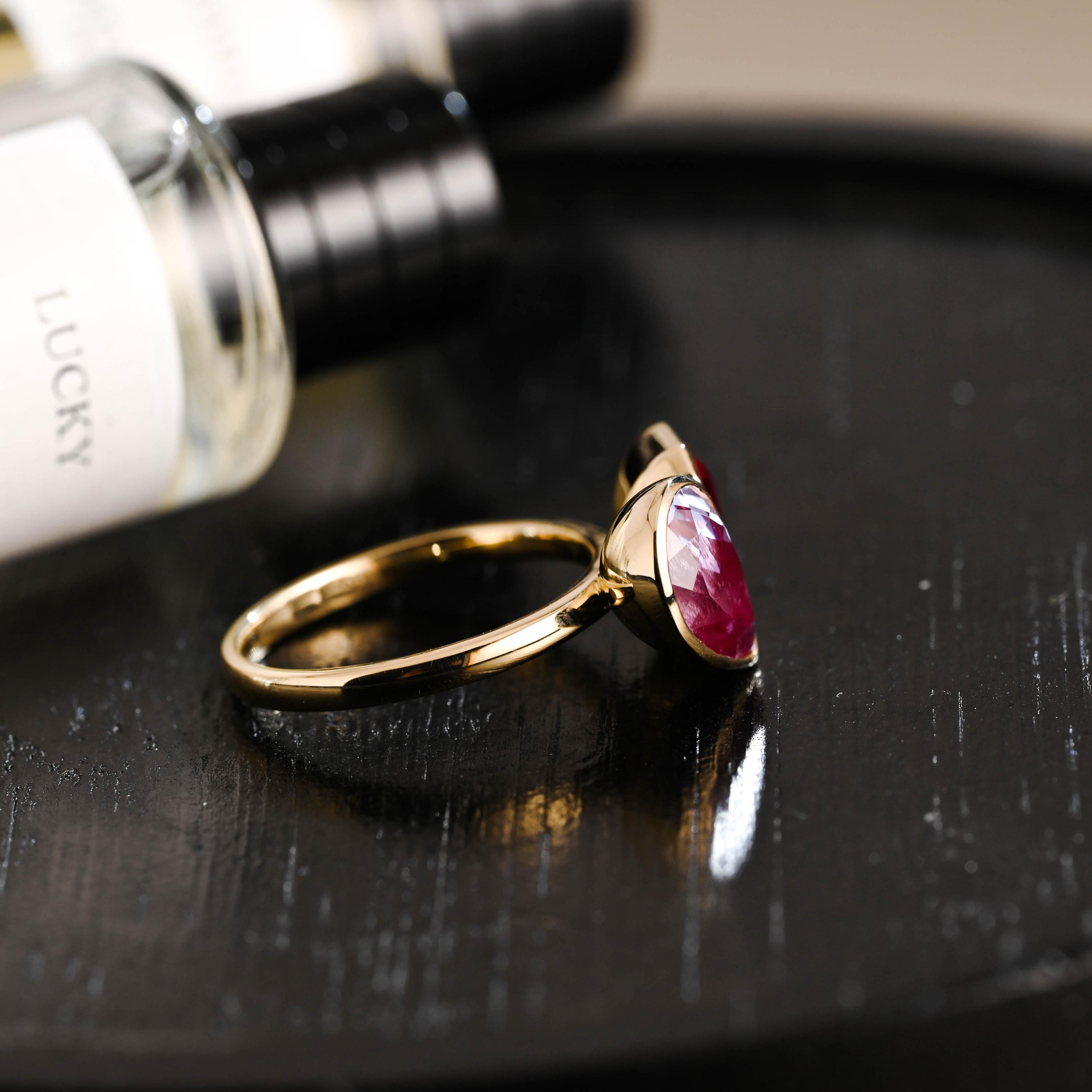Solid Gold Emerald Cut Lab Grown Ruby & Pear Lab Grown Alexandrite Toi et Moi Engagement Ring