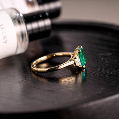 Lab Grown Emerald Engagement Ring, Three Stone Moissanite Wedding Ring, Anniversary Emerald Gemstone Ring, Moissanite Ring, Marquise Ring