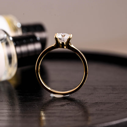 Low Setting Solid Gold Round Cut Moissanite Engagement Ring, Round Cut Moissanite Anniversary Ring