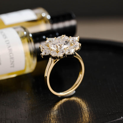 Solid Gold Cushion Cut Moissanite Engagement Ring, Halo Proposal Ring, Marquise Cut Promise Ring, Wedding Ring, Anniversary Gift for Women