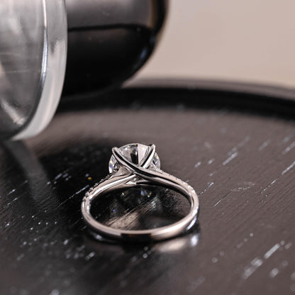 Cathedral band Round Cut Moissanite Engagement Ring, Half Pave Round Cut Moissanite Wedding Ring