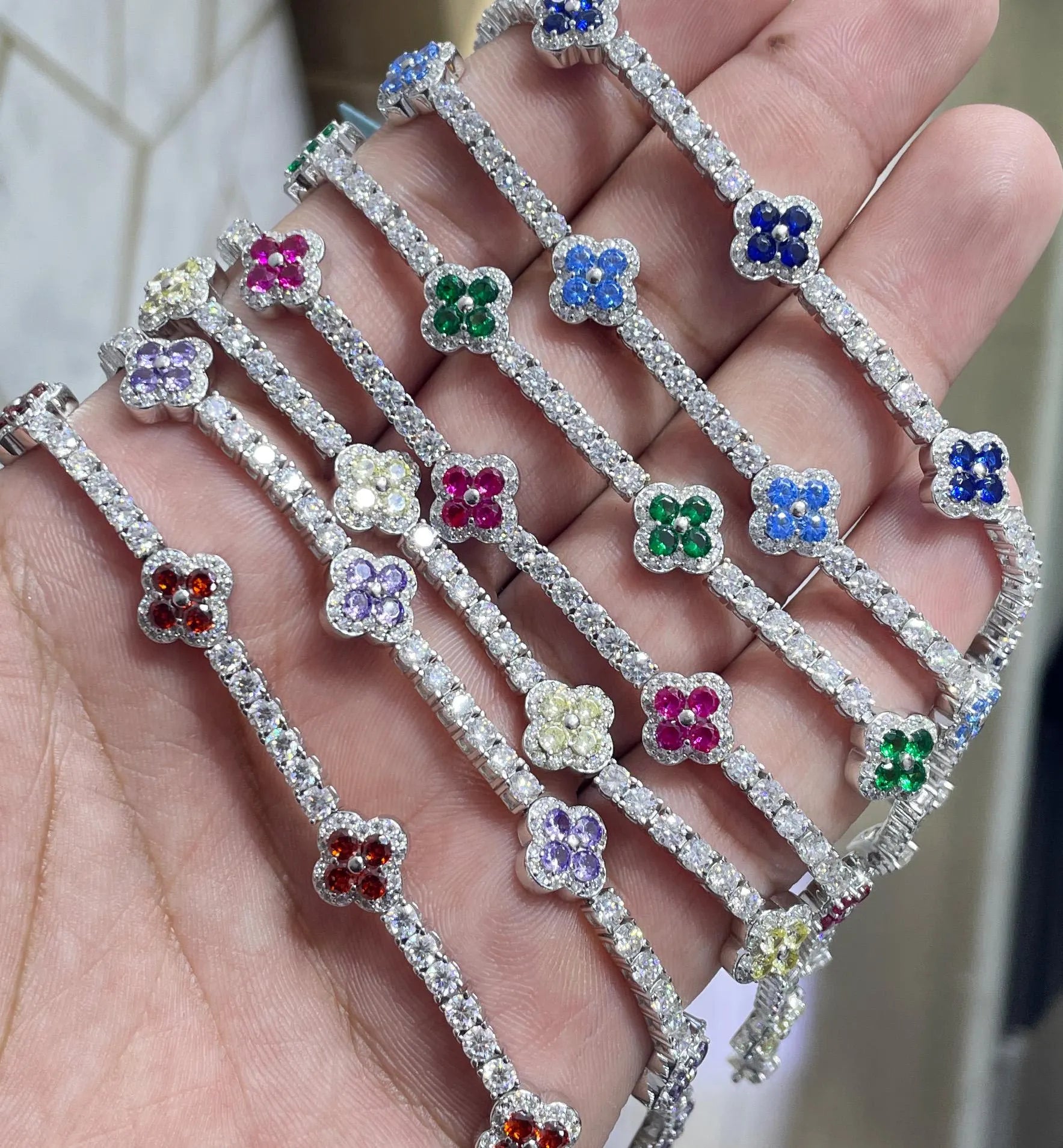 Moissanite Clover Chain Bracelet with 925 Sterling Silver, Diamond Cluster Bracelet, Diamond Flower Bracelet, Four Leaf Clover Bracelet