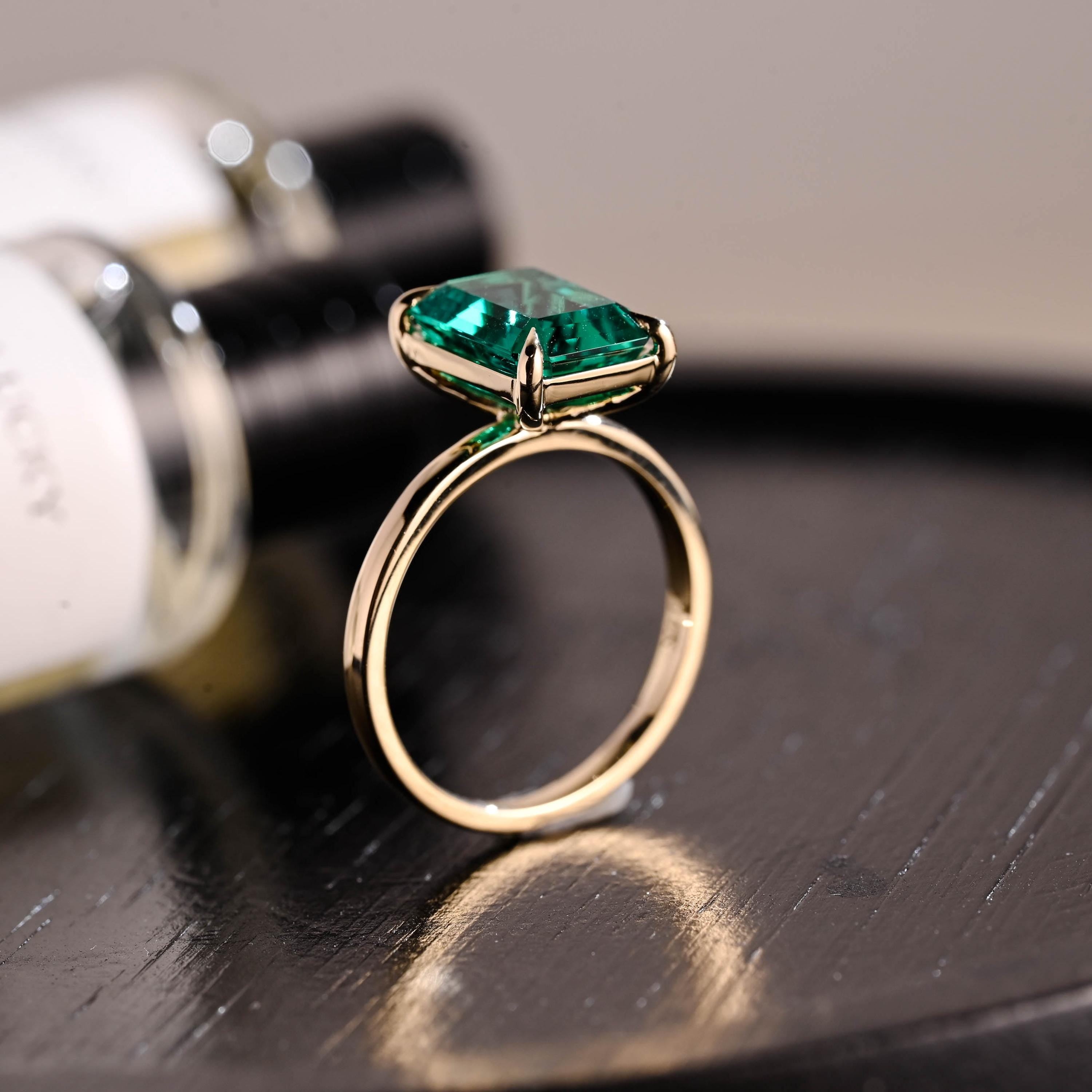 Solid Gold Lab Grown Emerald Engagement Ring, Solitaire Emerald Wedding Ring, Anniversary Gemstone Ring, Classic Emerald Birthstone Ring