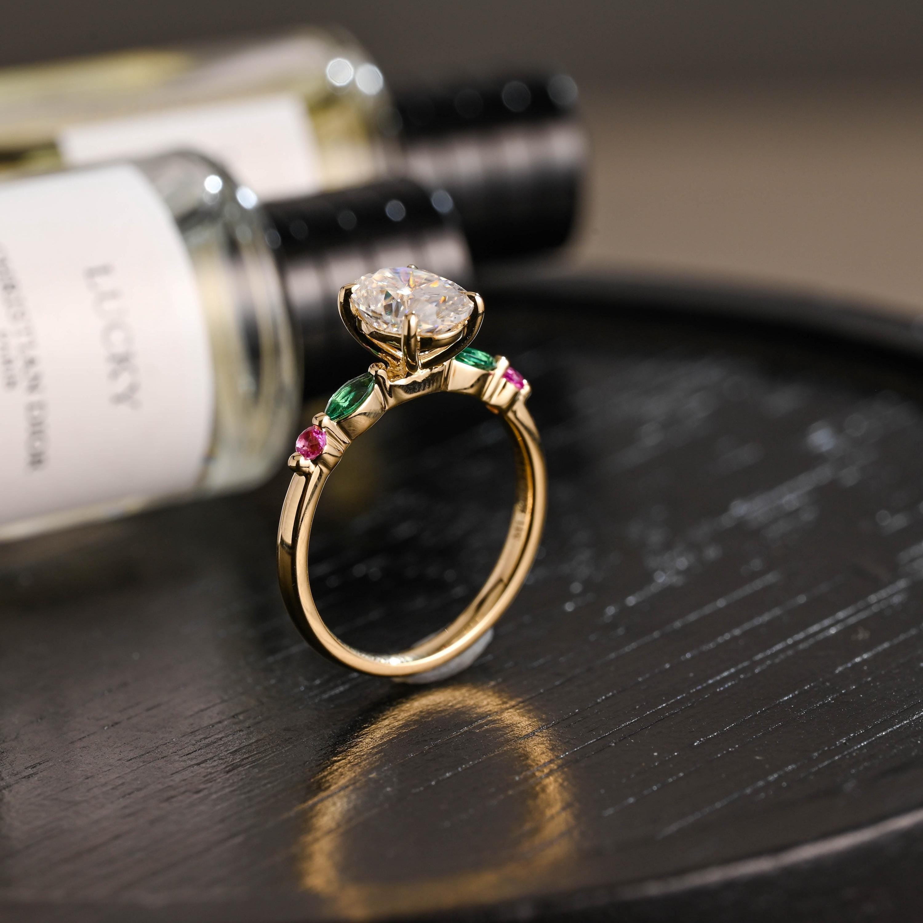 Solid Gold Oval Cut Moissanite Engagement Ring, Anniversary Gift for Women
