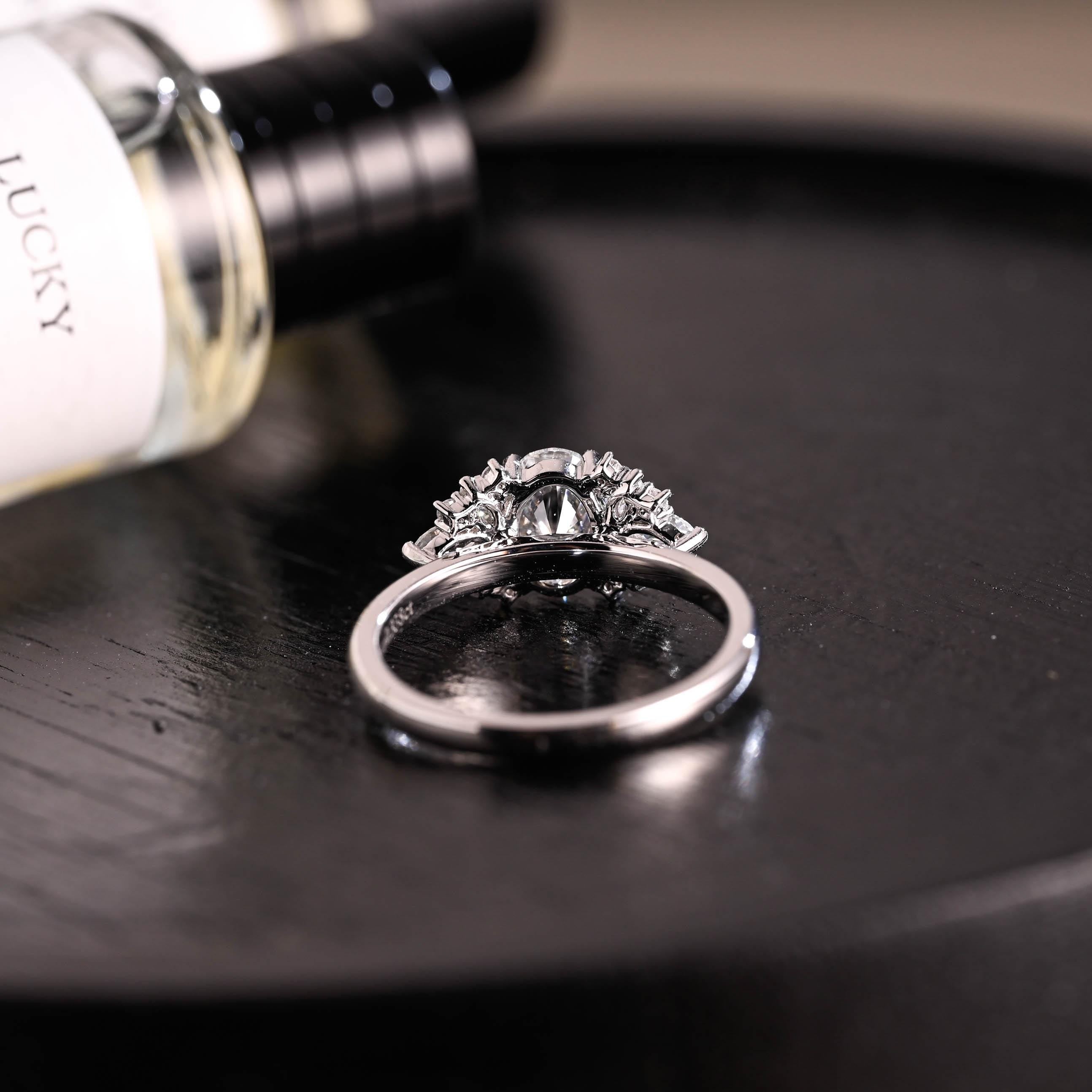 Solid Gold Side Cluster Oval Cut Moissanite Engagement Ring, High Profile Wedding Ring